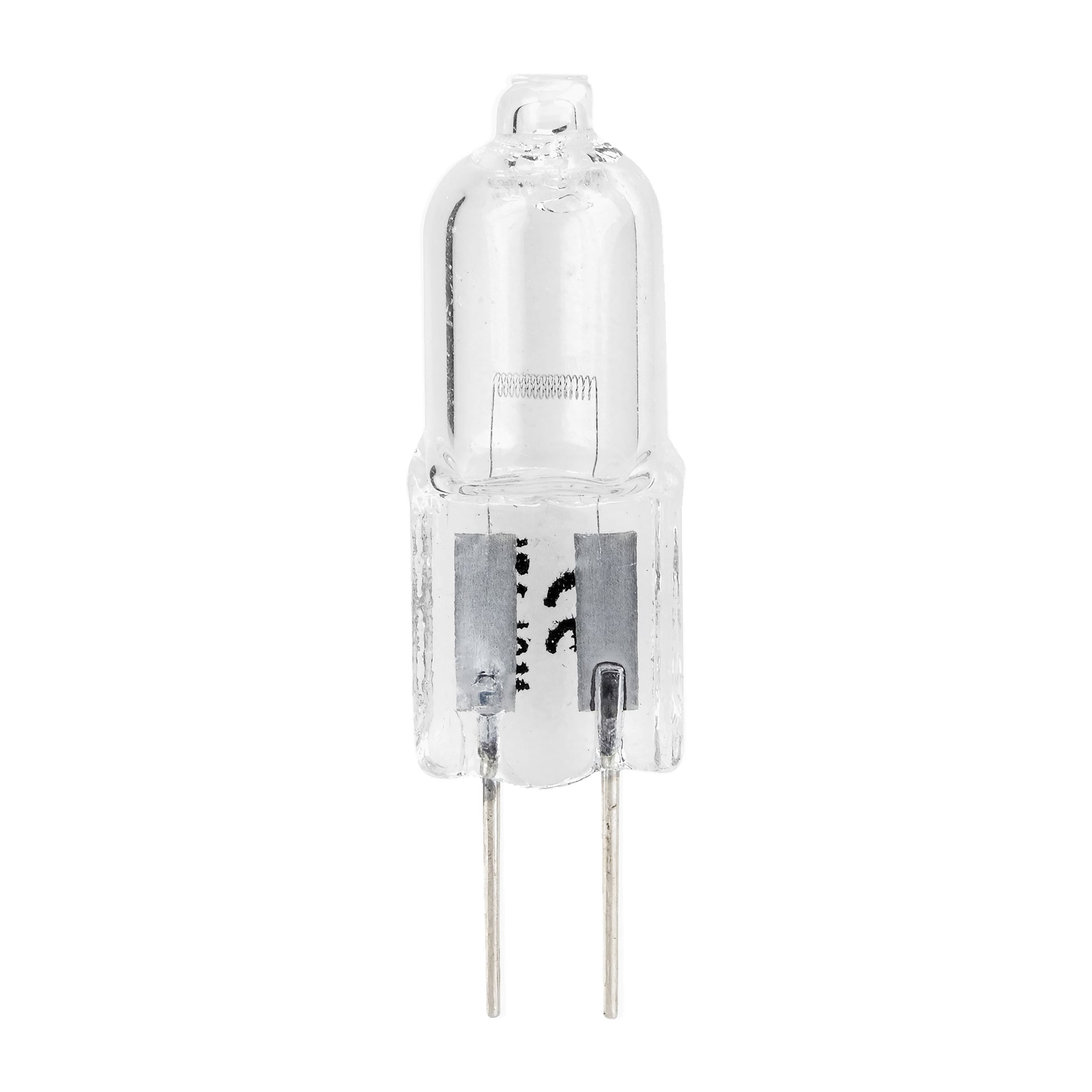 Anslut Pin Lights halogen 2-pack innehåller klara halogenlampor med två metallstift vid basen. Det transparenta glashöljet visar den inre filamentet och andra komponenter.
