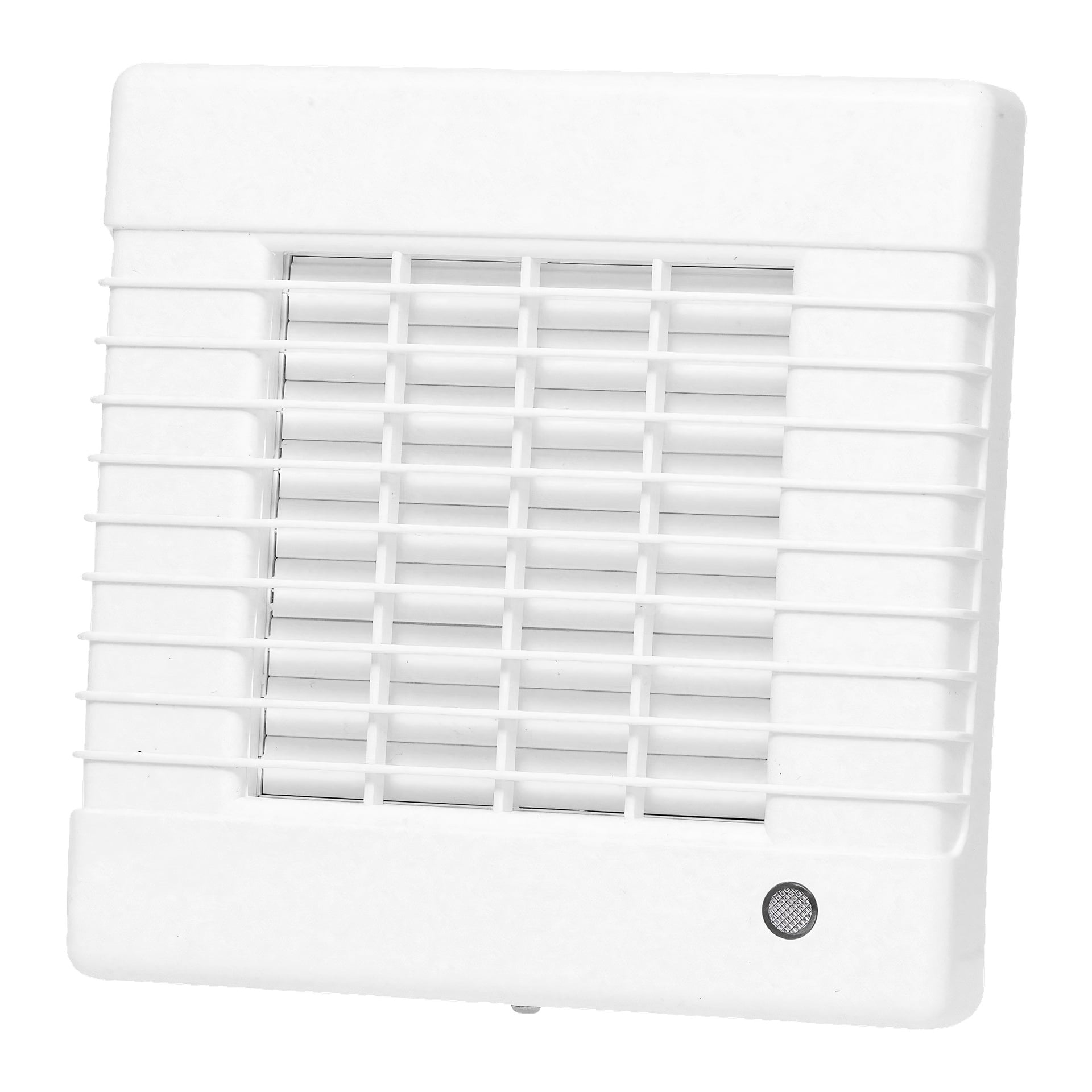 Anslut badrumsfläkt: Ett vitt, fyrkantigt ventilationsskydd av plast med både horisontella och vertikala lameller, med en liten cirkulär sensor eller knapp i nedre högra hörnet.