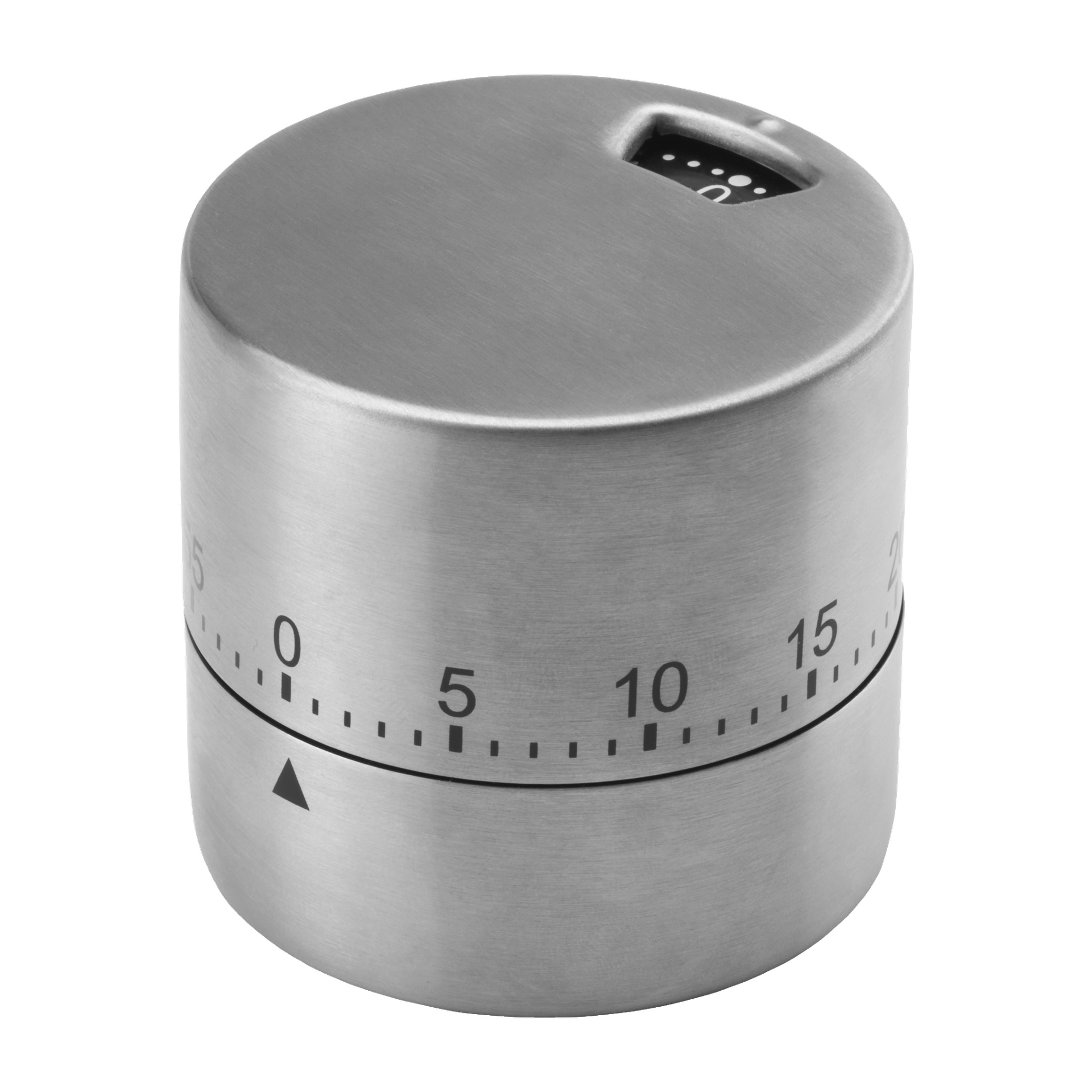 Timer Menuett Egg to srebrny mechaniczny timer kuchenny z czarnymi cyframi i oznaczeniami, z małym okienkiem pokazującym pozostały czas oraz obrotową podstawą do ustawiania minut.