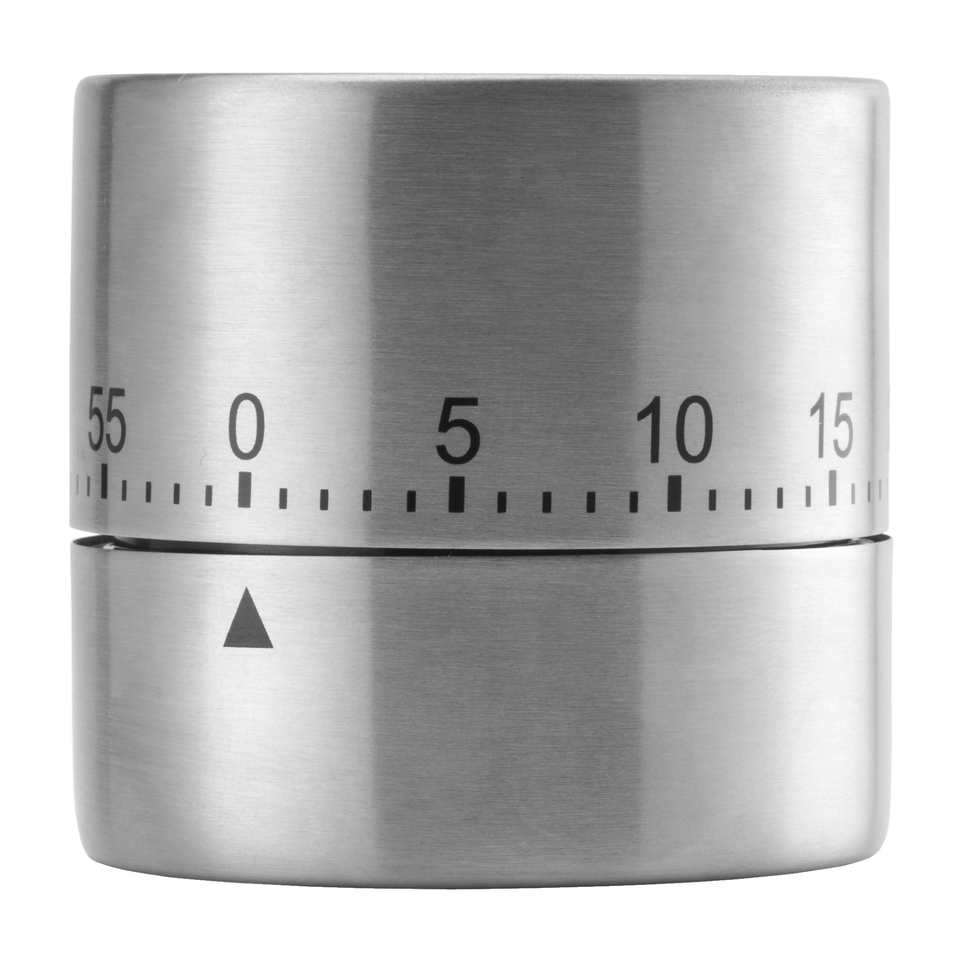 Timer Menuett Egg wykonany jest ze stali nierdzewnej i ustawiony na zero minut. Wyświetla czarne liczby, znaczniki minutowe oraz trójkątny wskaźnik.