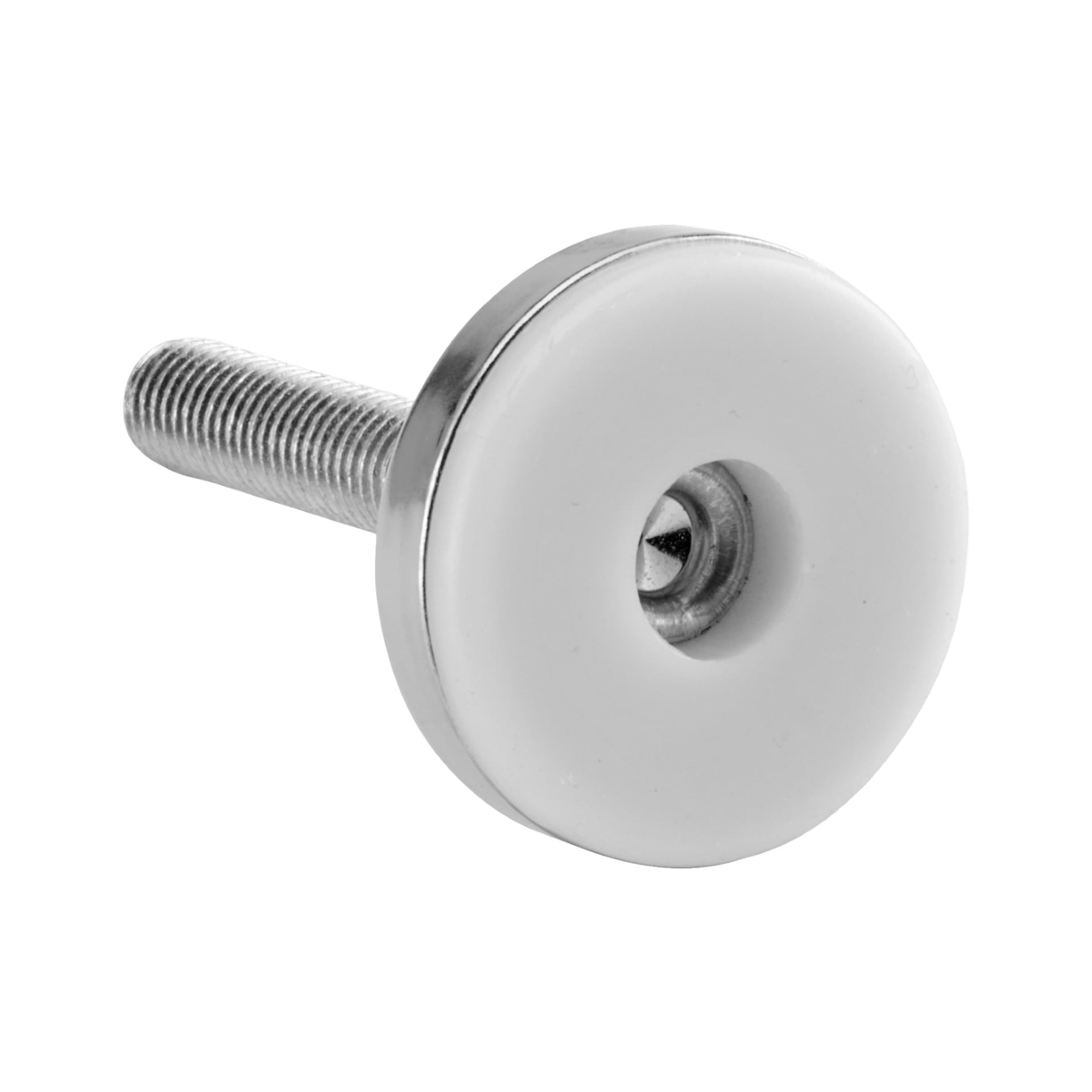 En hård skruv med justerbart huvud från 4-pack-setet, bestående av en metallgängad axel kopplad till en rund, platt vit plast- eller keramikskiva med ett hål i mitten.