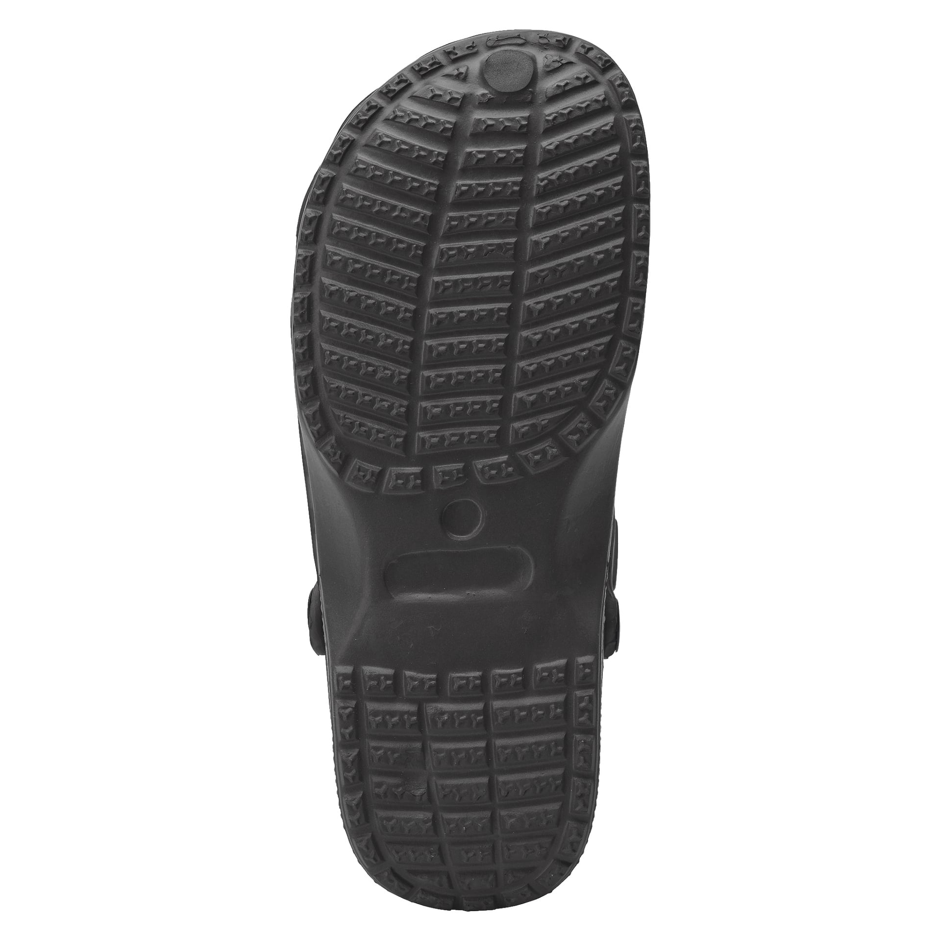 Bilden visar den nedre vyn av en svart Kayoba Outdoor Slipper med gummisula, som framhäver dess texturerade yta kantad med horisontella och diagonala spår för bättre grepp och grepp. Materialet verkar vara syntetiskt.