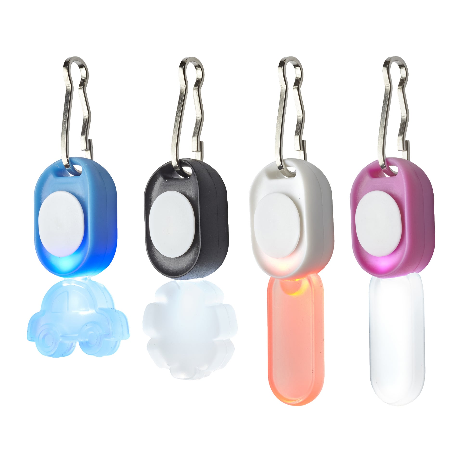 Fyra Anslut Mini LED-lampor i blått, svart, vitt och rosa visas, var och en med en vit knapp och unika upplysta akrylformer vid basen.