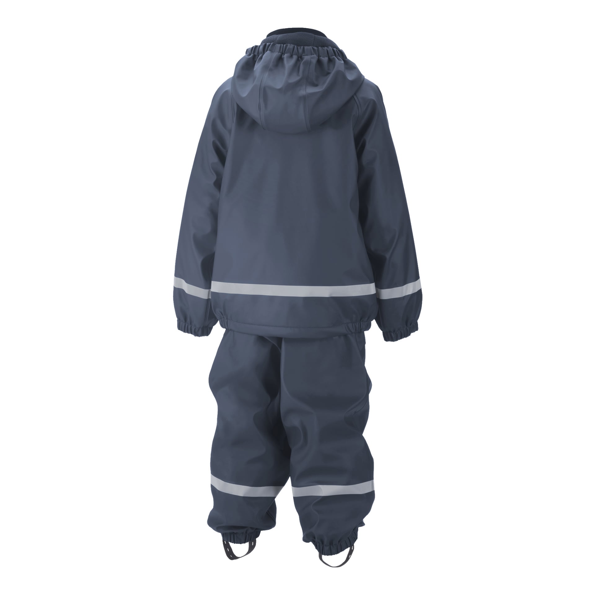 En mörkgrå barndräkt från Kayoba Outdoor, utställd bakifrån. Ensemblen består av en huva med elastiska manschetter och matchande byxor, båda accentuerade med reflekterande horisontella ränder vid handleder och vrister.