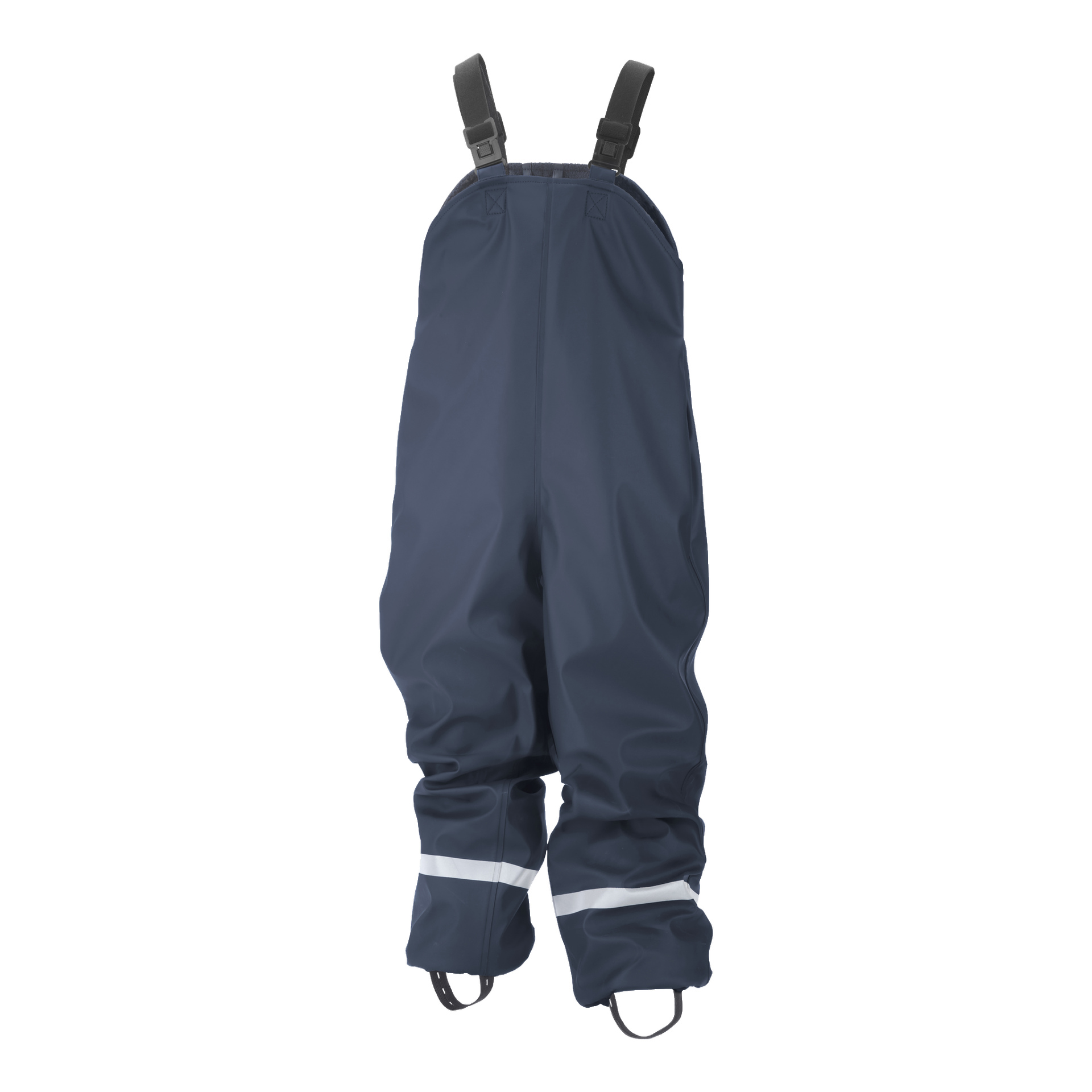 Kayoba Outdoor Children's fodrade regndräkt inkluderar vattentäta marinblå haklappsbyxor med svarta justerbara axelremmar, reflekterande band placerade nära anklarna och svarta elastiska fotband.