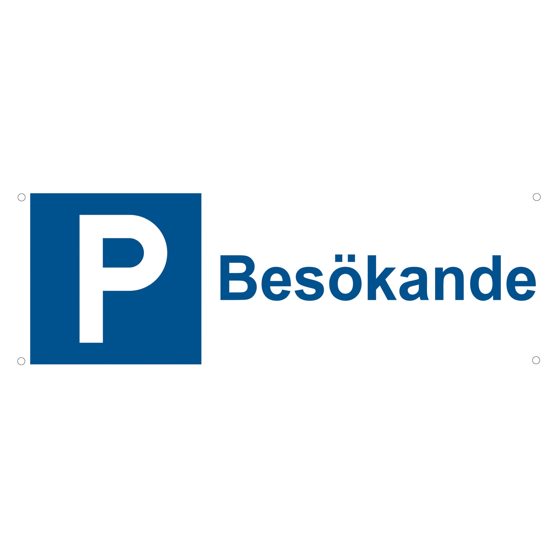 En blå parkeringssymbol "P" visas bredvid ordet "Besökande" i blå text på denna parkeringsskylt från Dekalstajling.