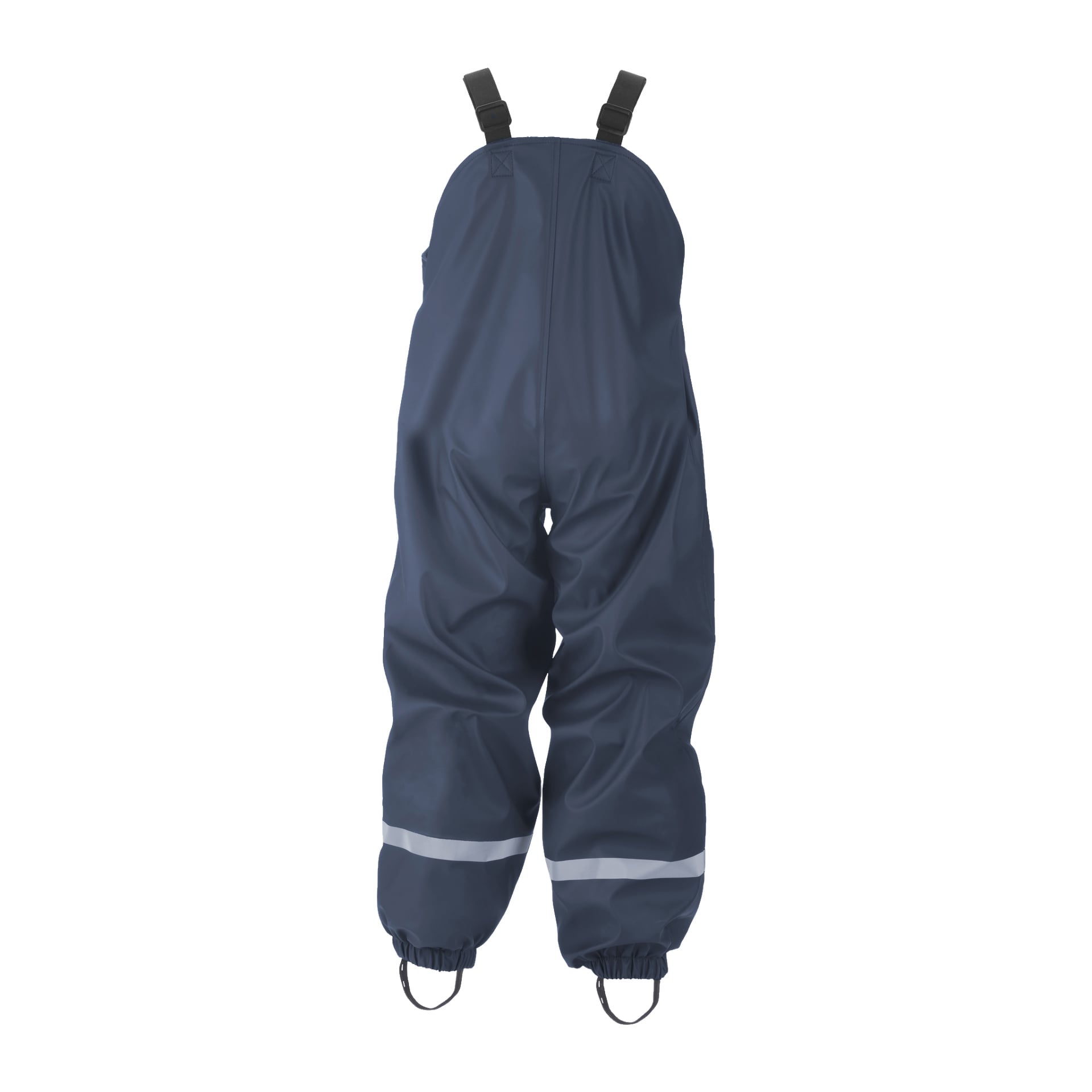 Kayoba Outdoor Children's -vuorattu sadepuku koostuu tummansinisistä vedenpitävistä haalareista, joissa on mustat säädettävät olkahihnat, joustavat kalvosimet nilkoissa ja heijastava raita jokaisen jalan alaosassa.