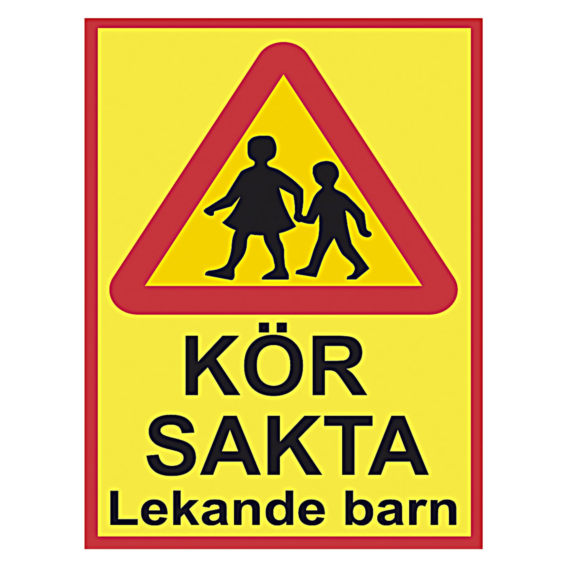 Dekalstajling-skylten är en gul vägskylt med en röd triangel som visar två barn som går. Under triangeln står det "KÖR SAKTA Lekande barn", som uppmanar förare att sänka hastigheten eftersom barn kan leka i området.