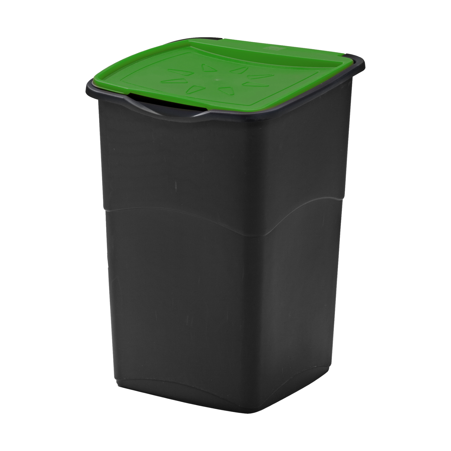 Tre Hard Head Recycling-behållare visas upp, var och en gjord av svart plast med ett stängt grönt lock. Bins är rektangulära med lätt böjda sidor.