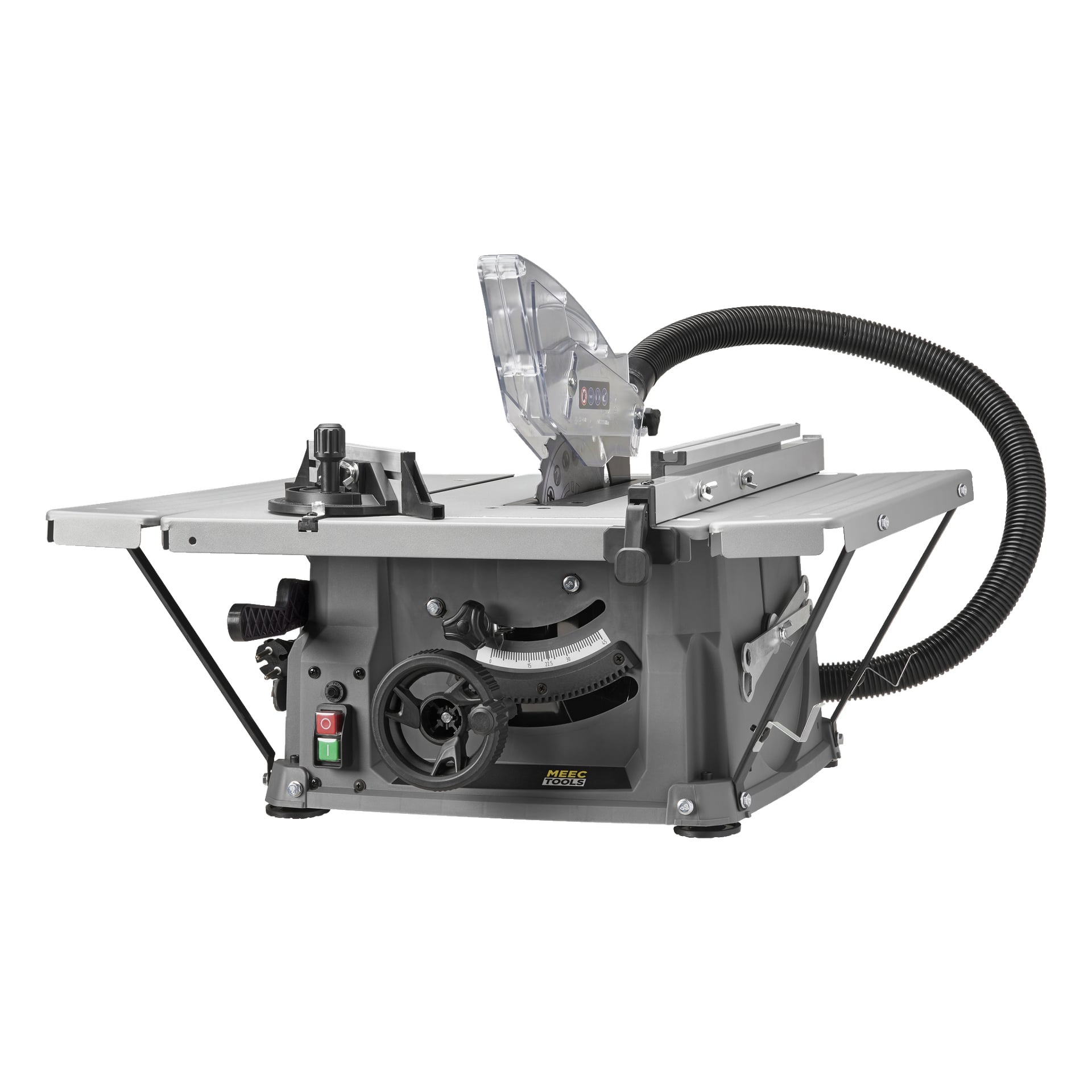 Meec Tools TS-W HOME 300 Tischkreissäge mit grauem Gehäuse, klarem Klingenschutz, verstellbarem Anschlag, schwarzem hinteren Schlauch und vorderen Bedienelementen.