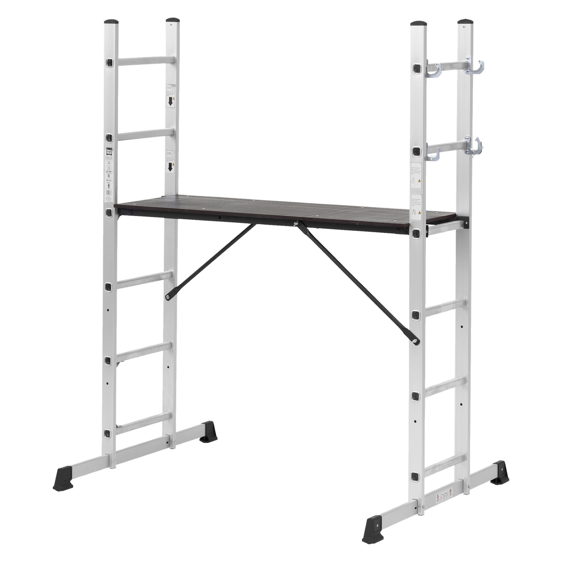 En silverfärgad metallstege med Hard Head Combination med 2x6 stegs design, svart arbetsplattform, fyra stabiliserande fötter, stegeliknande sidor, krokar uppe till höger och vinklade stödstänger under plattformen.