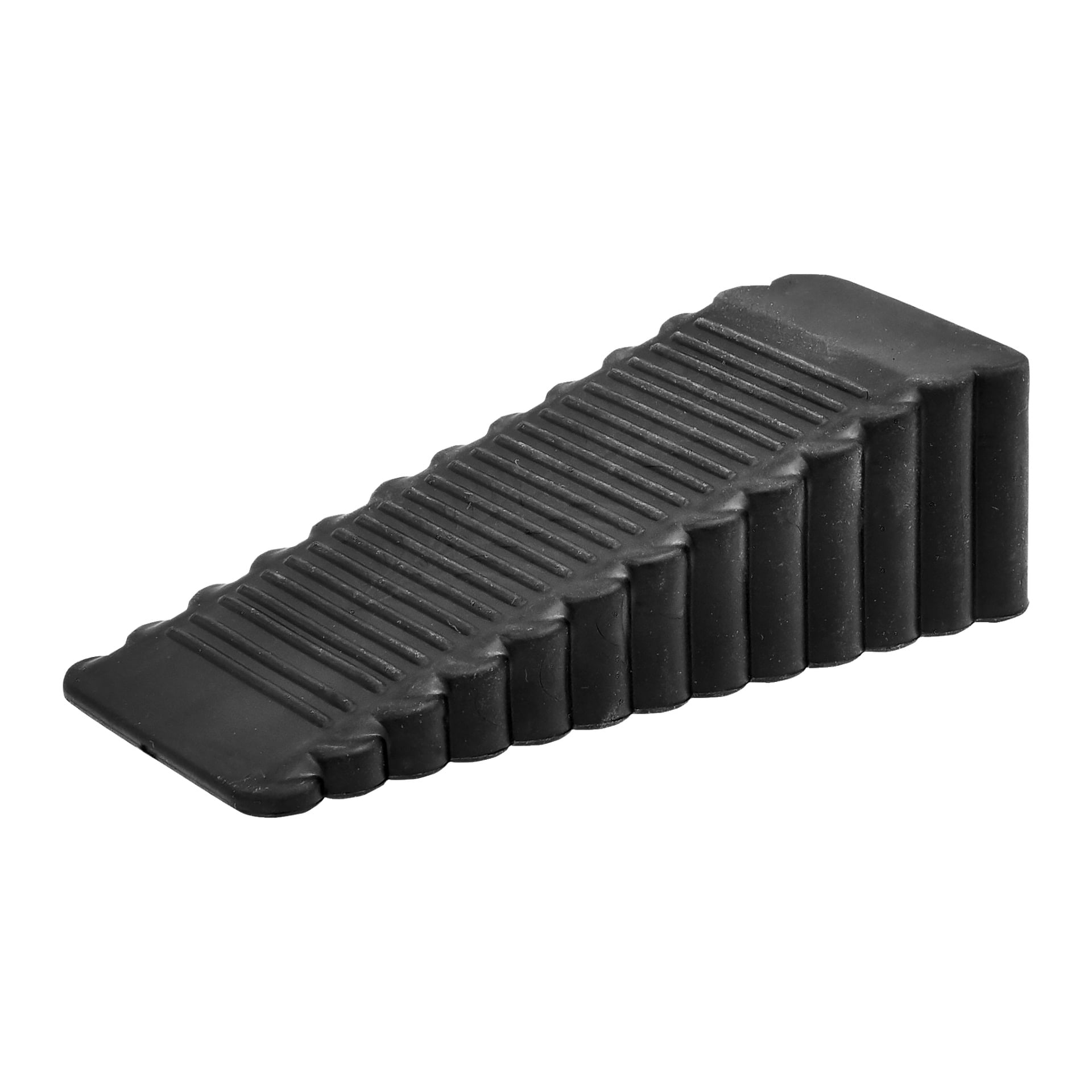 Ein schwarzer Hard Head Doorstop aus Gummi verfügt über ein keilförmiges, geripptes Design mit erhöhten Rillen auf der Oberfläche für besseren Griff und sanft abgerundeten Kanten.