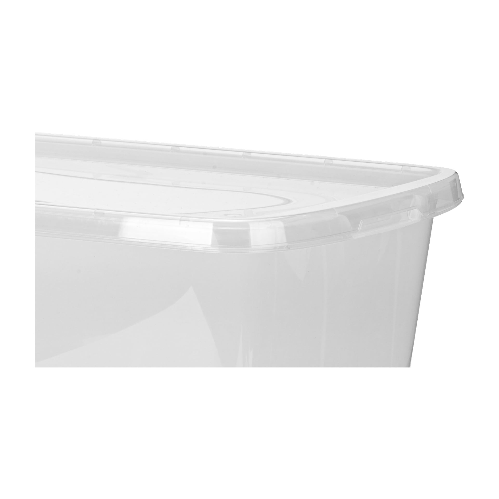 En klar plastlåda från Jula Storage med matchande transparent lock syns på bilden, med hörnet och överkanten synliga.