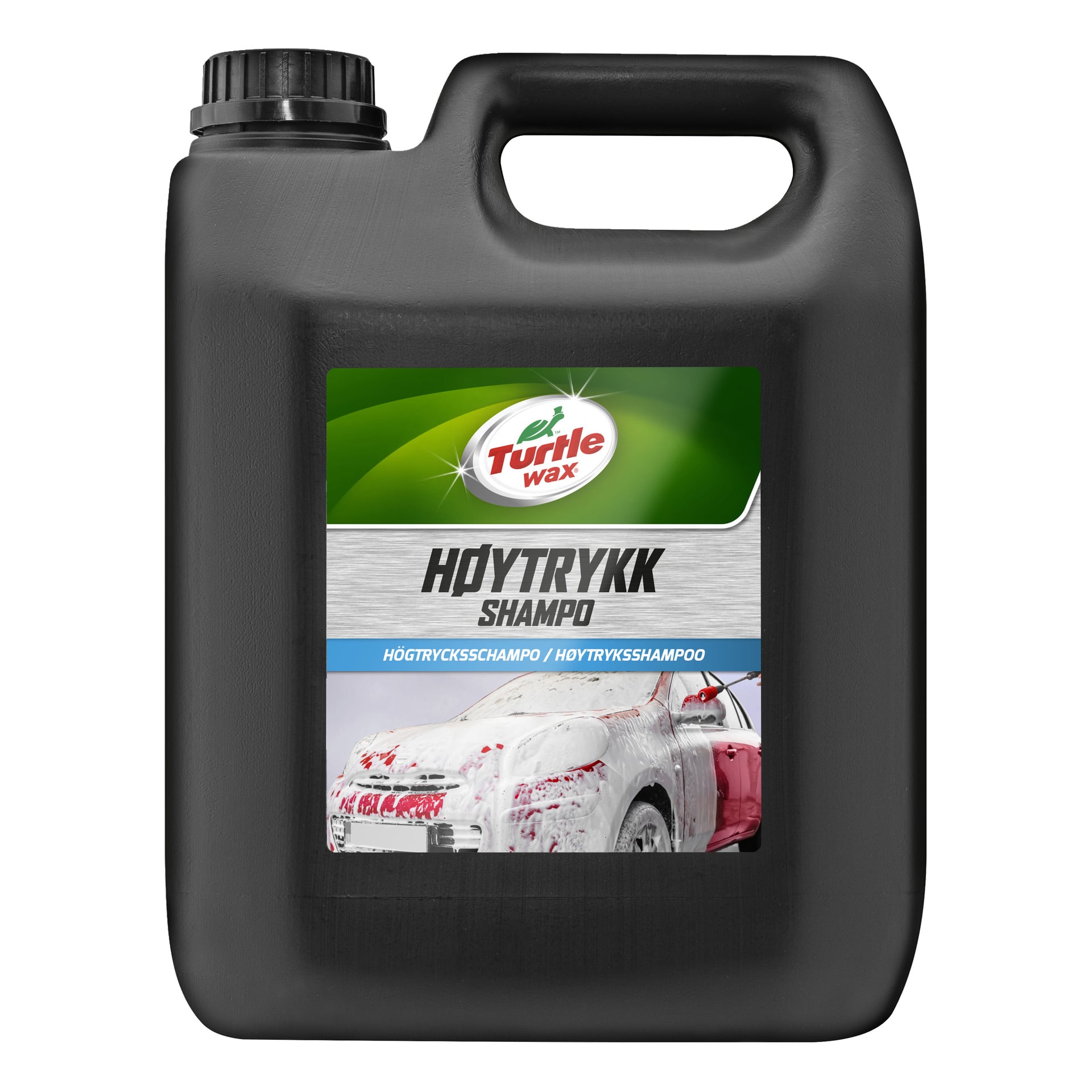 En svart plastkanne med håndtak og lokk merket Turtle Wax High Pressure Shampoo, som viste en såpeaktig rød og hvit bil på en grønn-grå etikett.