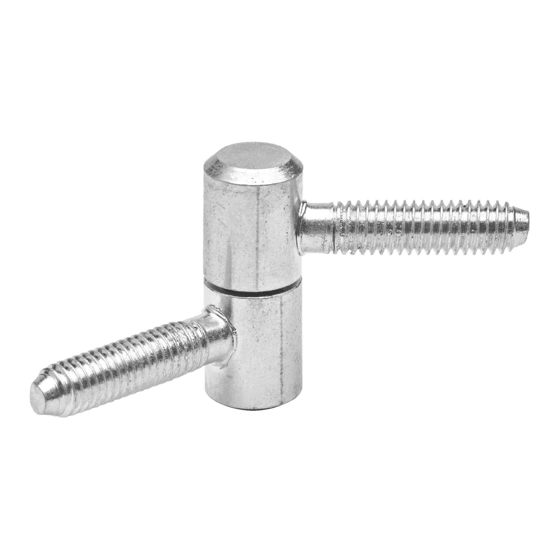Ett paket med fyra Hard Head Stud-gångjärn visas, var och en med en cylindrisk metallkropp och två gängade stänger som sticker ut i rät vinkel från vardera änden, vilket skapar en T-formad design.