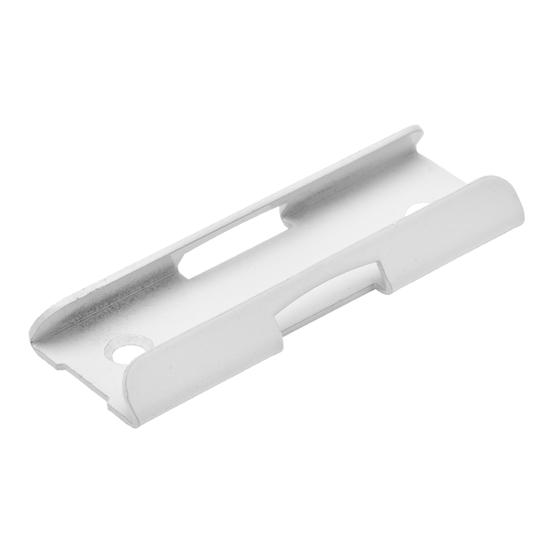 En närbild av ett metallfäste från Hard Head Curtain rail 2-packet, som visar två skruvhål och en central utskärning.