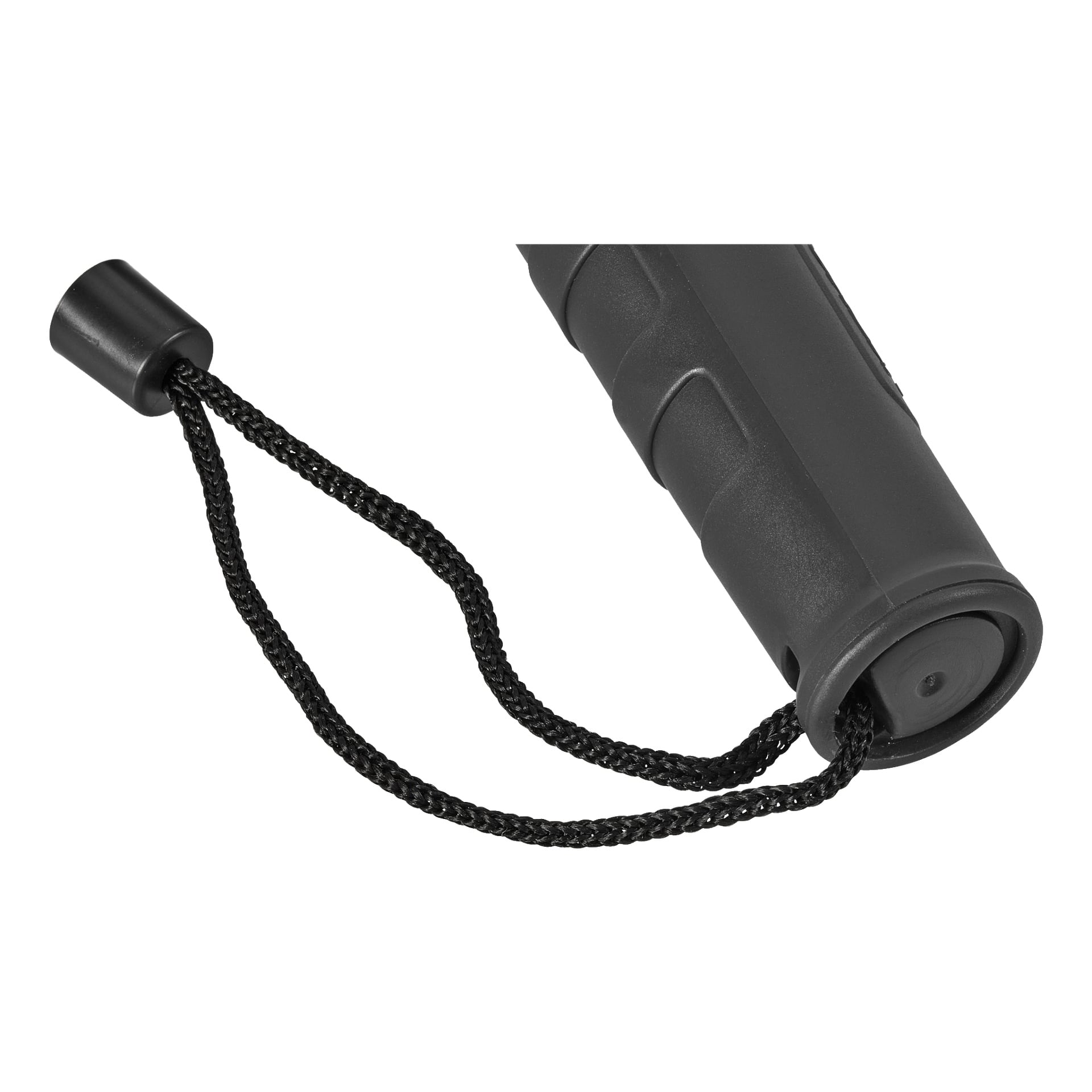 Närbild på Anslut Torch LED med ett svart, texturerat handtag och en vävd svart handledsrem som är öcklad genom ett hål i änden. Ficklampan ligger diagonalt.