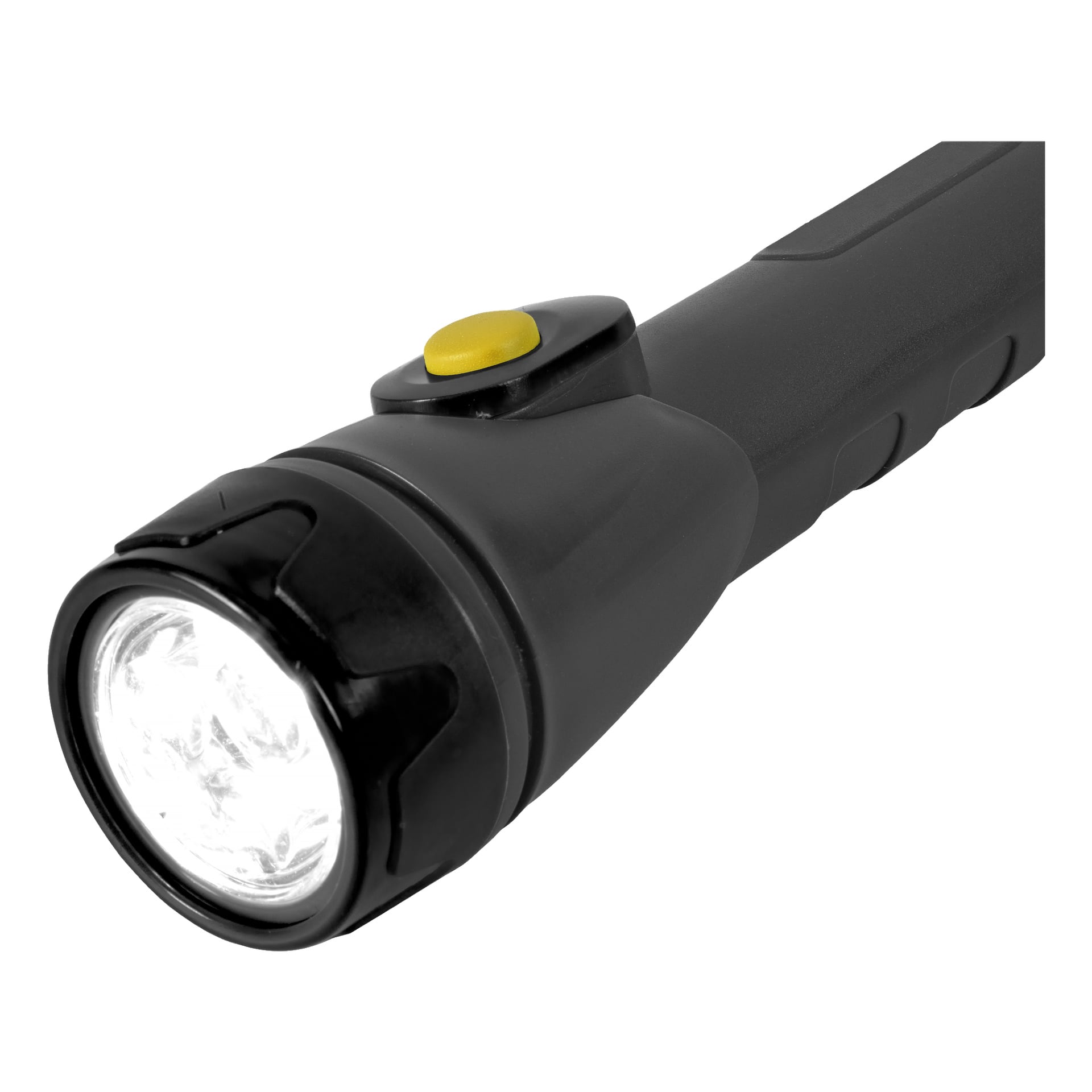 Anslut Torch LED, med svart kropp och gul av/på-knapp, visas vara påslagen.