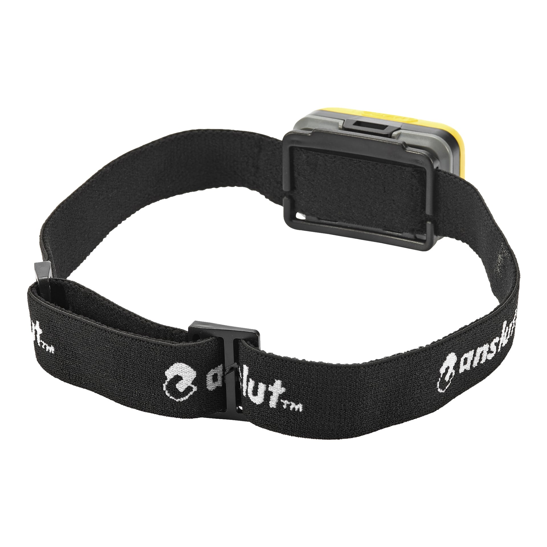 Ett svart elastiskt pannlampband med vit "Anslut"-märkning är kopplat till en rektangulär LED-strålkastare i svart och gul. Lampan syns bakifrån och framhäver bakre locket och det justerbara bandet.