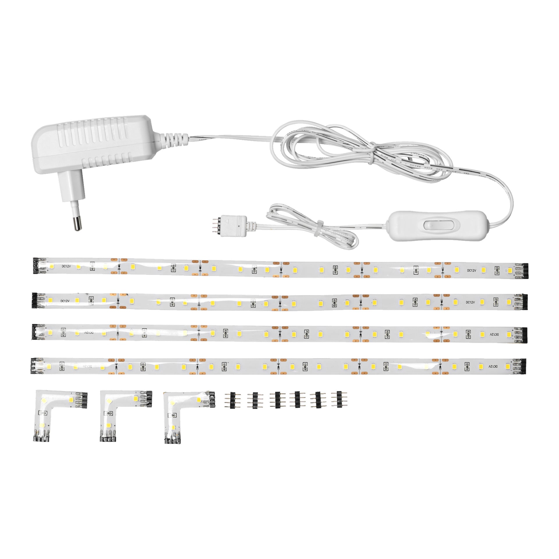 Anslut LED-Streifen mit 4 Packs, darunter ein Netzteil, ein weißes Kabel mit Schalter, vier LED-Lichtstreifen, vier L-förmige Steckverbinder und achtpolige Stecker, ordentlich dargestellt.
