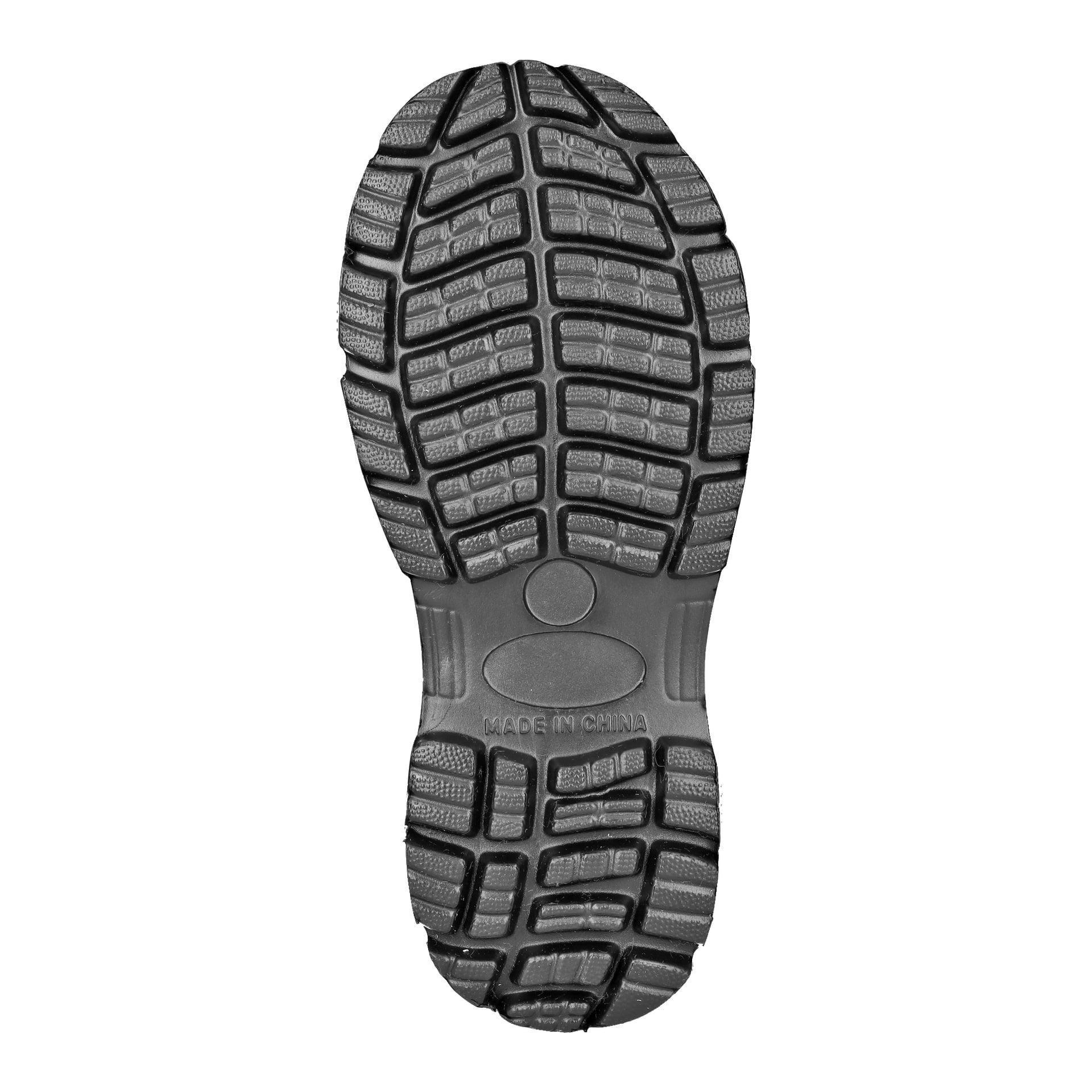Svart gummisula på Kayoba Outdoor Warm-fodrade barnstövlar ses underifrån, med ett texturerat mönster och en präglad MADE IN CHINA-etikett vid valvet.
