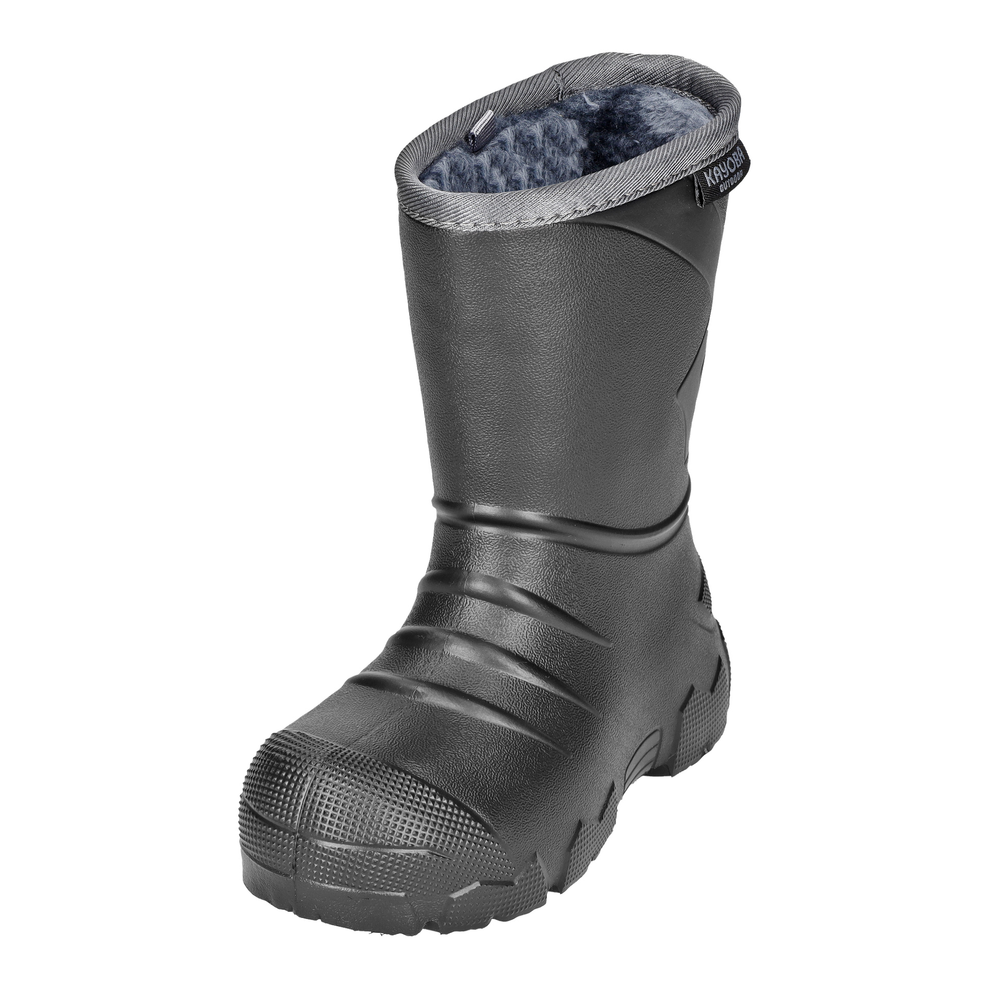 En enda svart Kayoba Outdoor Warm-fodrad barnstövel står upprätt och visar en texturerad sula, förstärkt tå och grått fleecefoder.