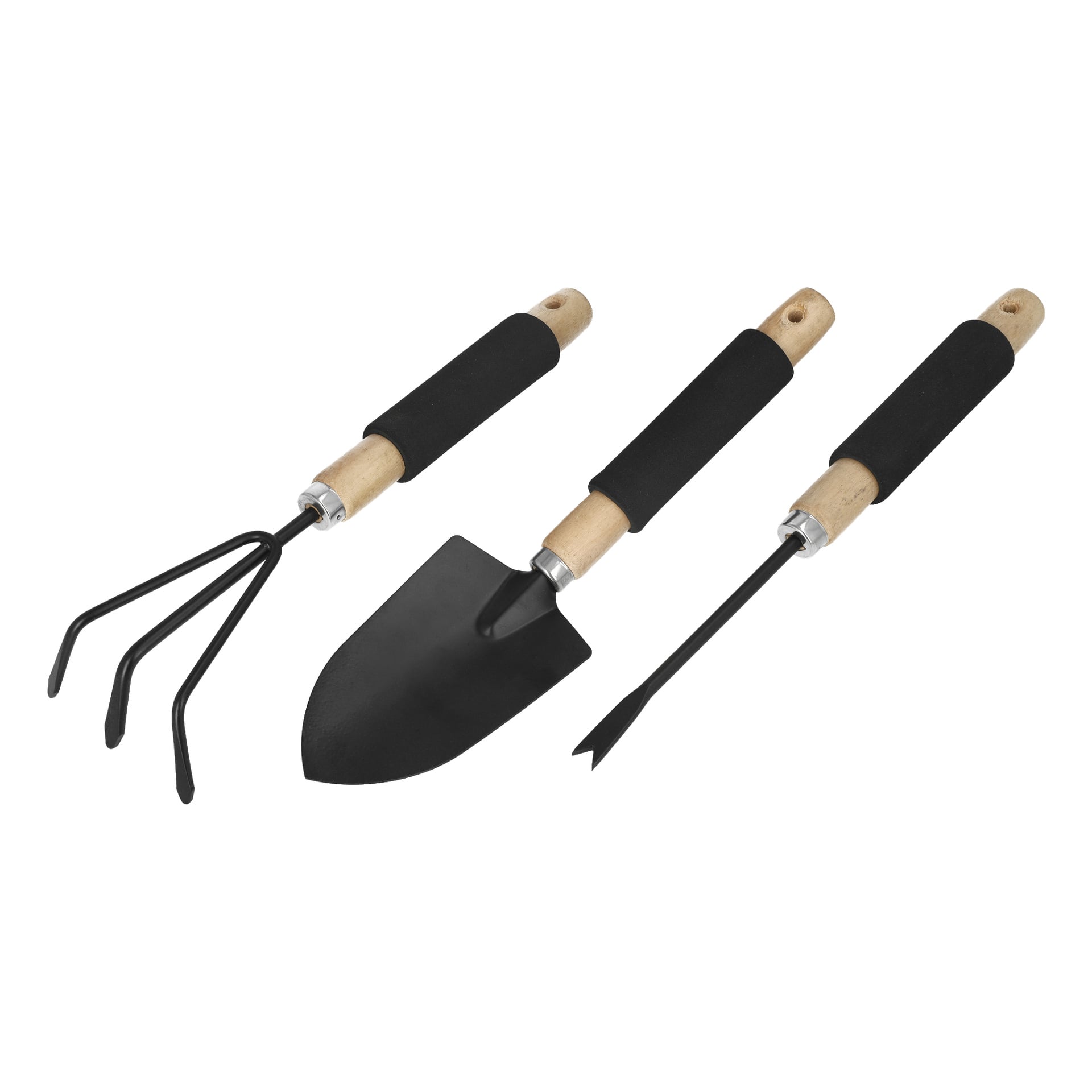 Detta tredelade Hard Head Planting-set innehåller en tre-taggad odlare, en spetsig spade och en gaffelspetsad ogräsrensare. Alla verktyg har trähandtag med svarta grepp.