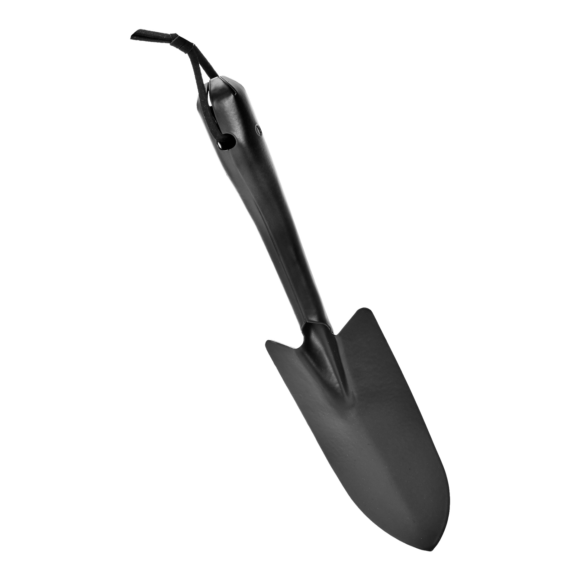 En hård huvudplanteringsspade med ett spetsigt svart metallblad och ett kort handtag med en ögla i änden.