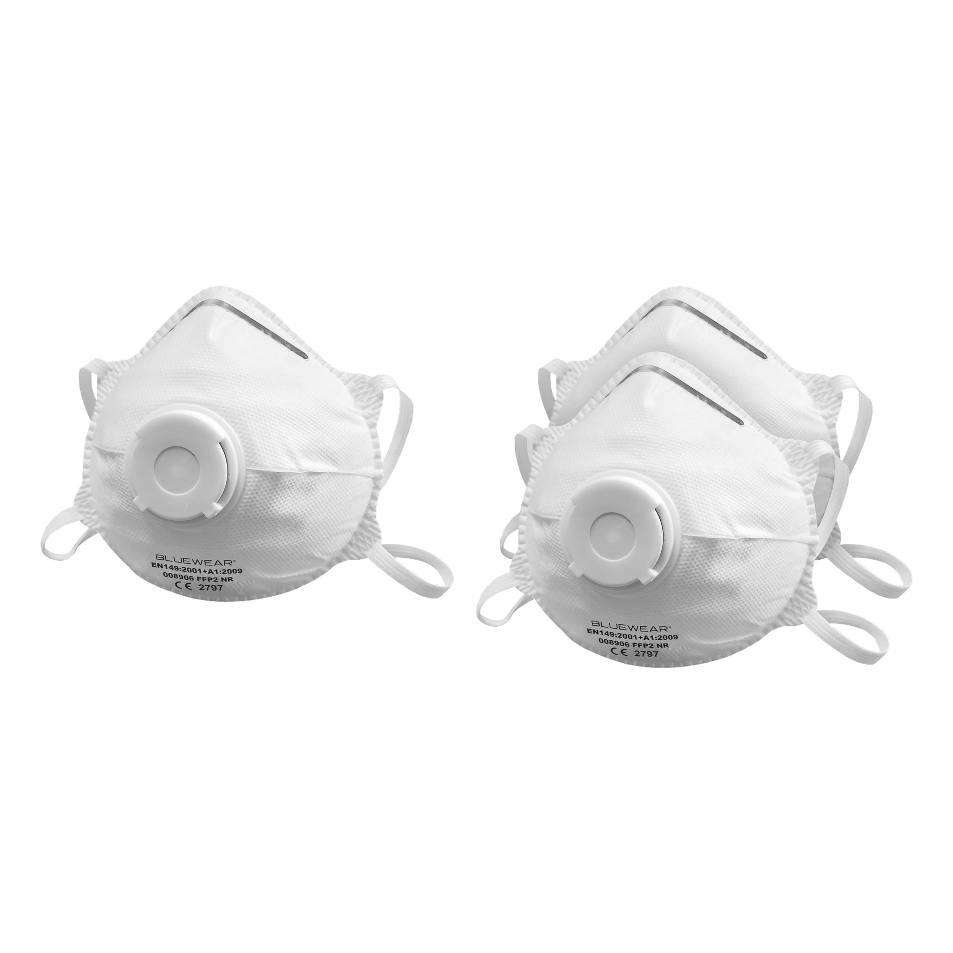 Fyra Bluewear Dust Filter-masker med runda andningsventiler och öronöglor är arrangerade i två överlappande par. Varje mask visar produktinformation tryckt i svart.