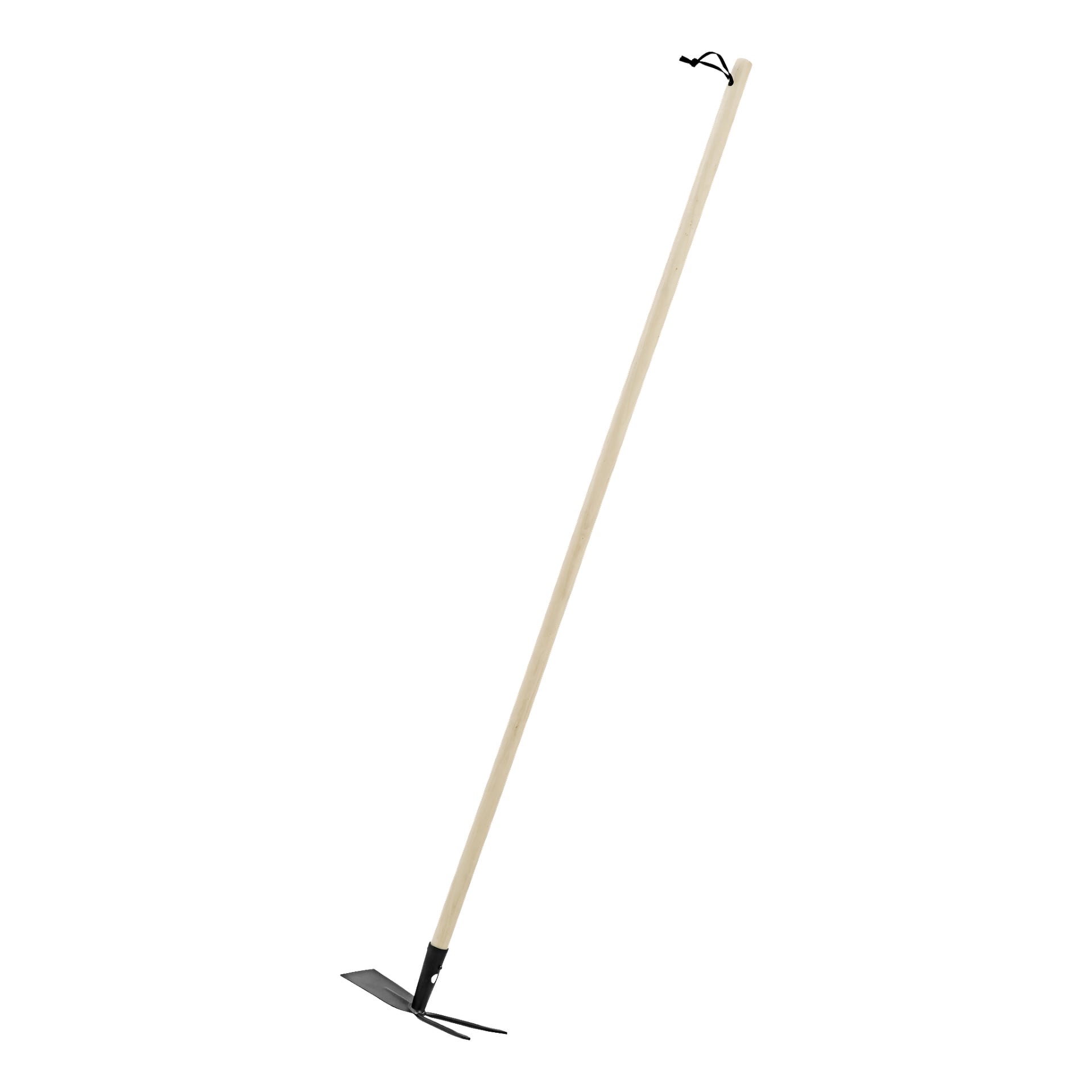 Hard Head Cultivator-hakken har et langt, lett trehåndtak, et metallblad og en liten svart hengestropp nær toppen. Produktet er merket Hard Head Cultivator.