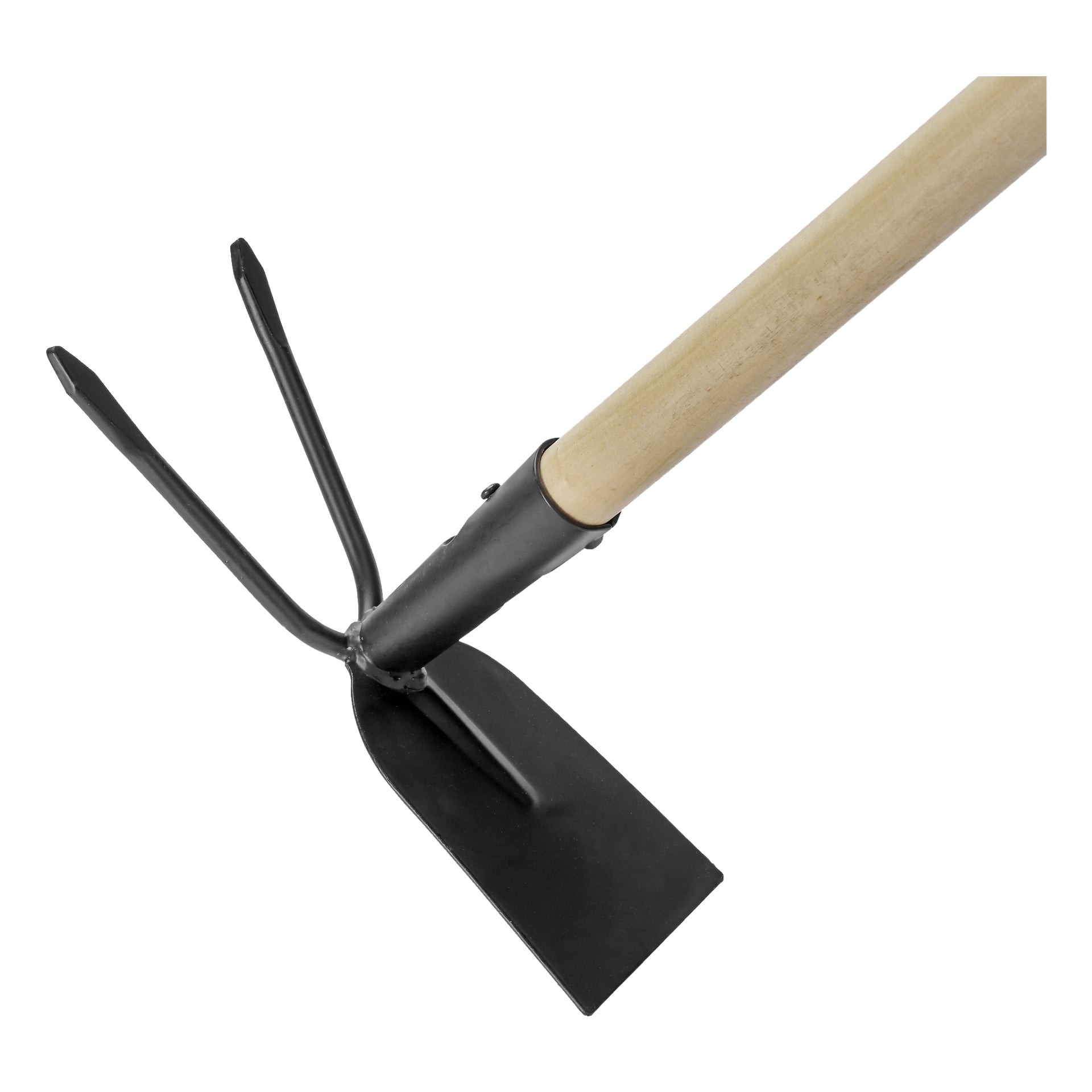Et nærbilde av Hard Head Cultivator-hakken, som viser dens trehåndtak med et flatt rektangulært blad i den ene enden og to skarpe pigger på motsatt side, designet for graving og jordbearbeiding.