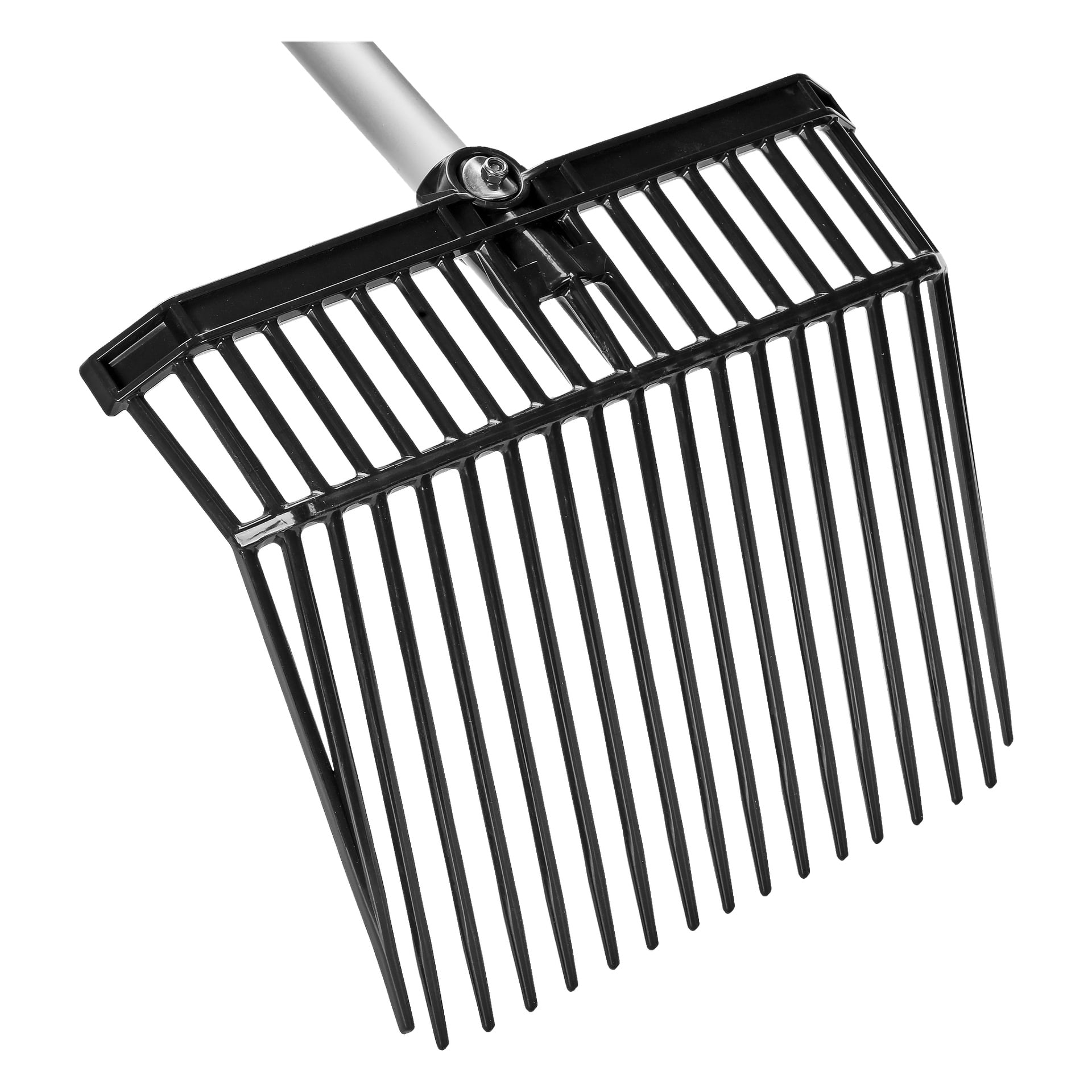 Et toppbilde av Hard Head Stable-gaffelen viser det svarte plasthodet med brede, jevnt fordelte tenner og et metallhåndtak.