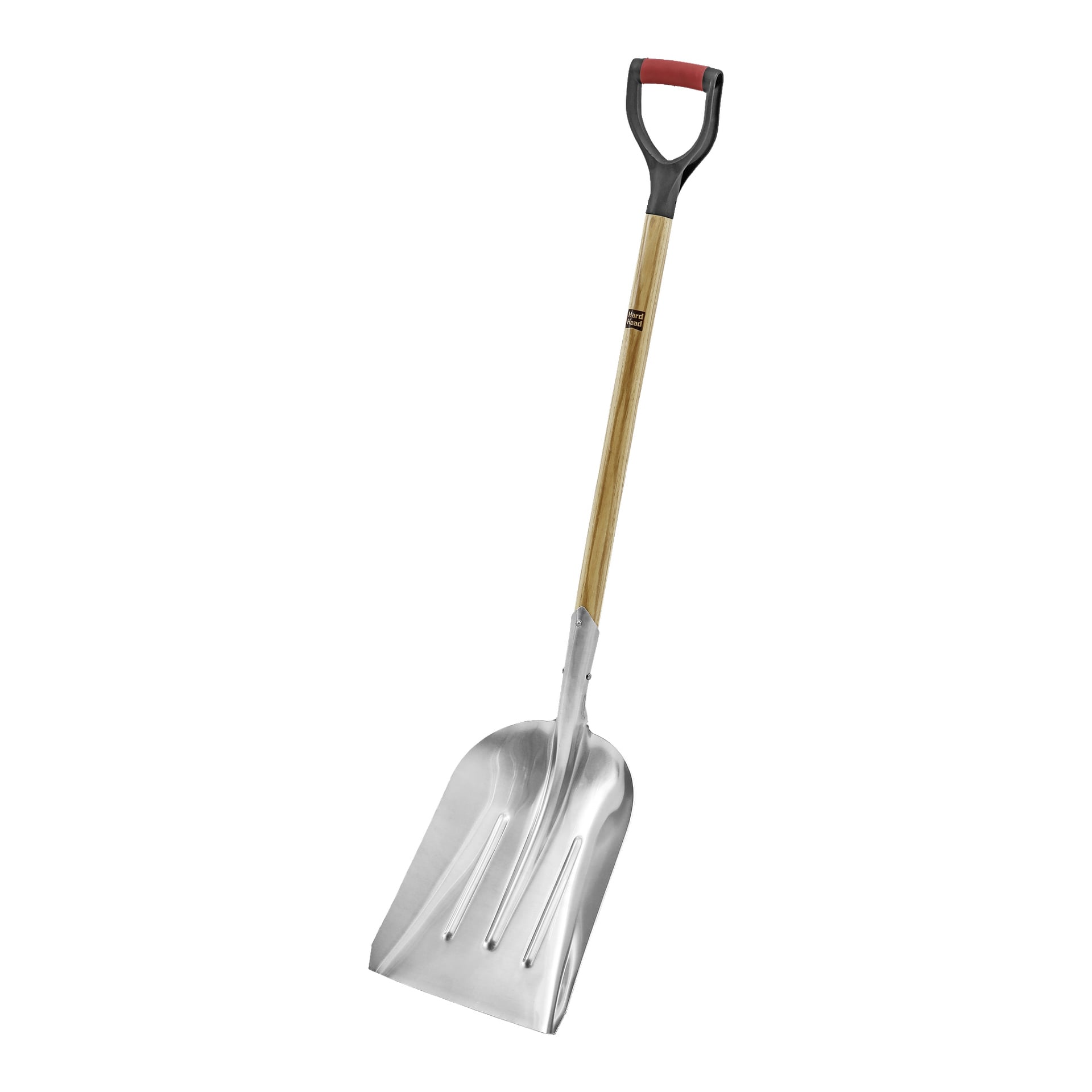 Hard Head Shovel har ett brett silverfärgat metallblad, ett träskaft och ett svart D-format plastgrepp i änden.