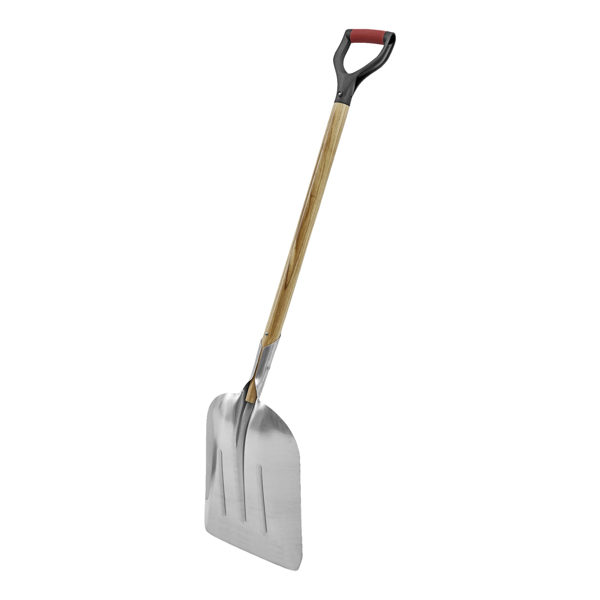 En hård huvudspade med ett metallblad som har subtilt rundade hörn, ett stadigt trähandtag och ett svart D-format plastgrepp.
