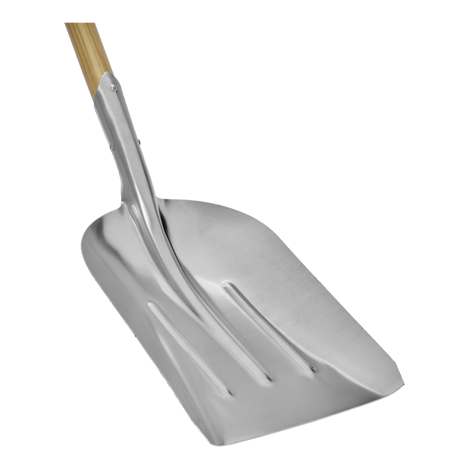 En närbild på Hard Head Shovel framhäver dess robusta metallblad och släta trähandtag. Den breda, platta kanten är idealisk för att skopa eller transportera material.