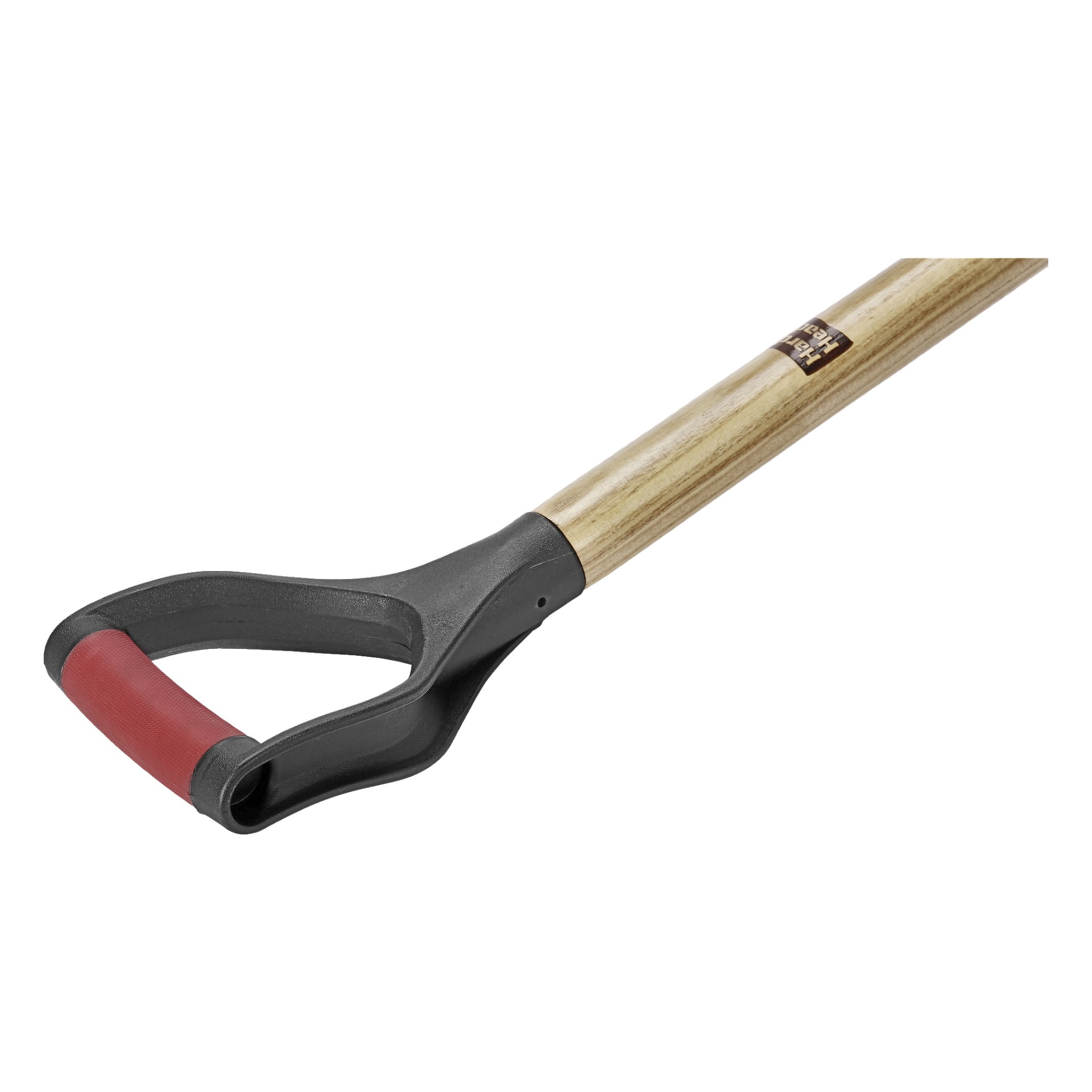 Närbild på Hard Head Shovels trähandtag med ett svart plastgrepp format som D, ett typiskt designelement för trädgårdsredskap.