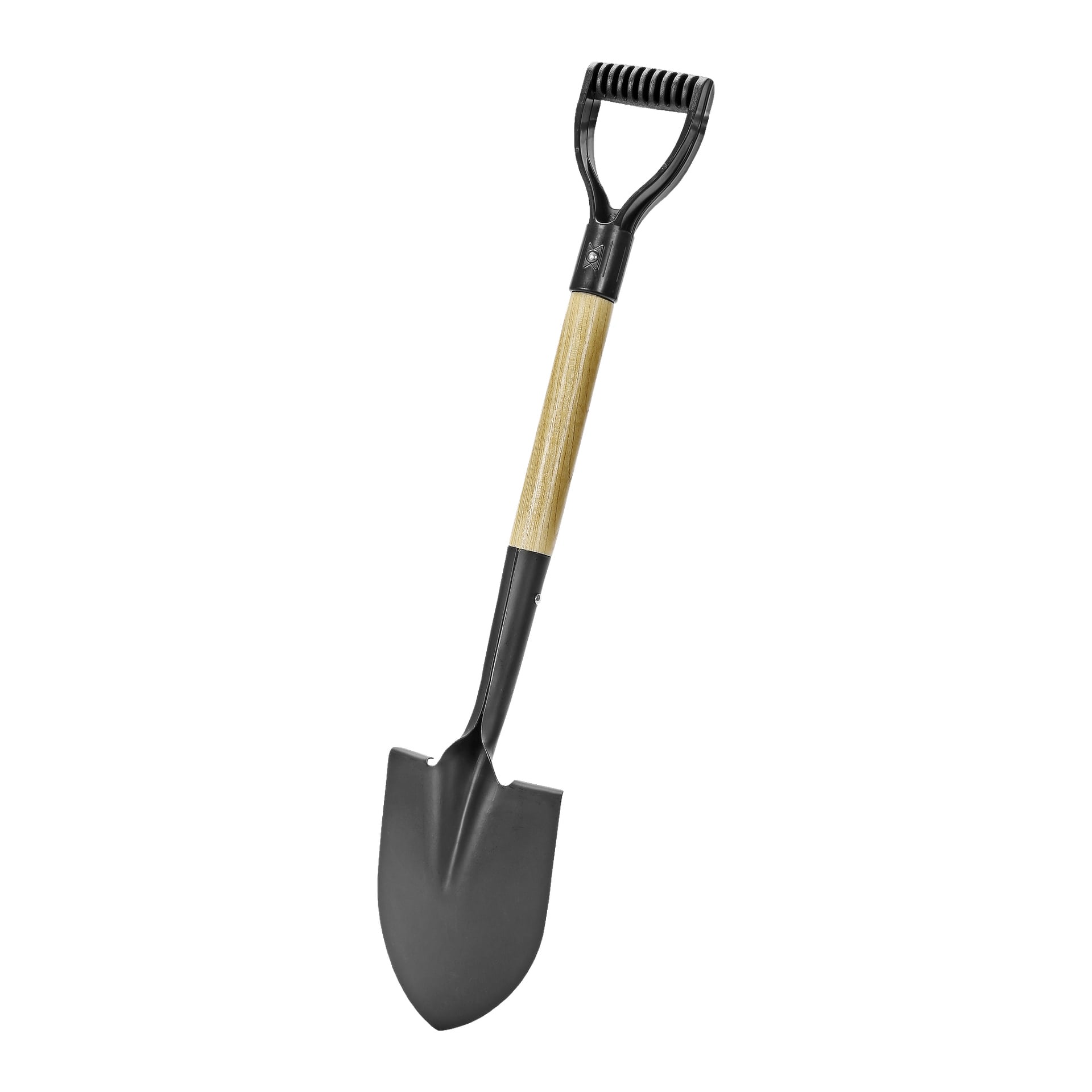 Hard Head Pointed Spade har ett spetsigt metallblad, ett trähandtag och ett svart plastgrepp format som D.