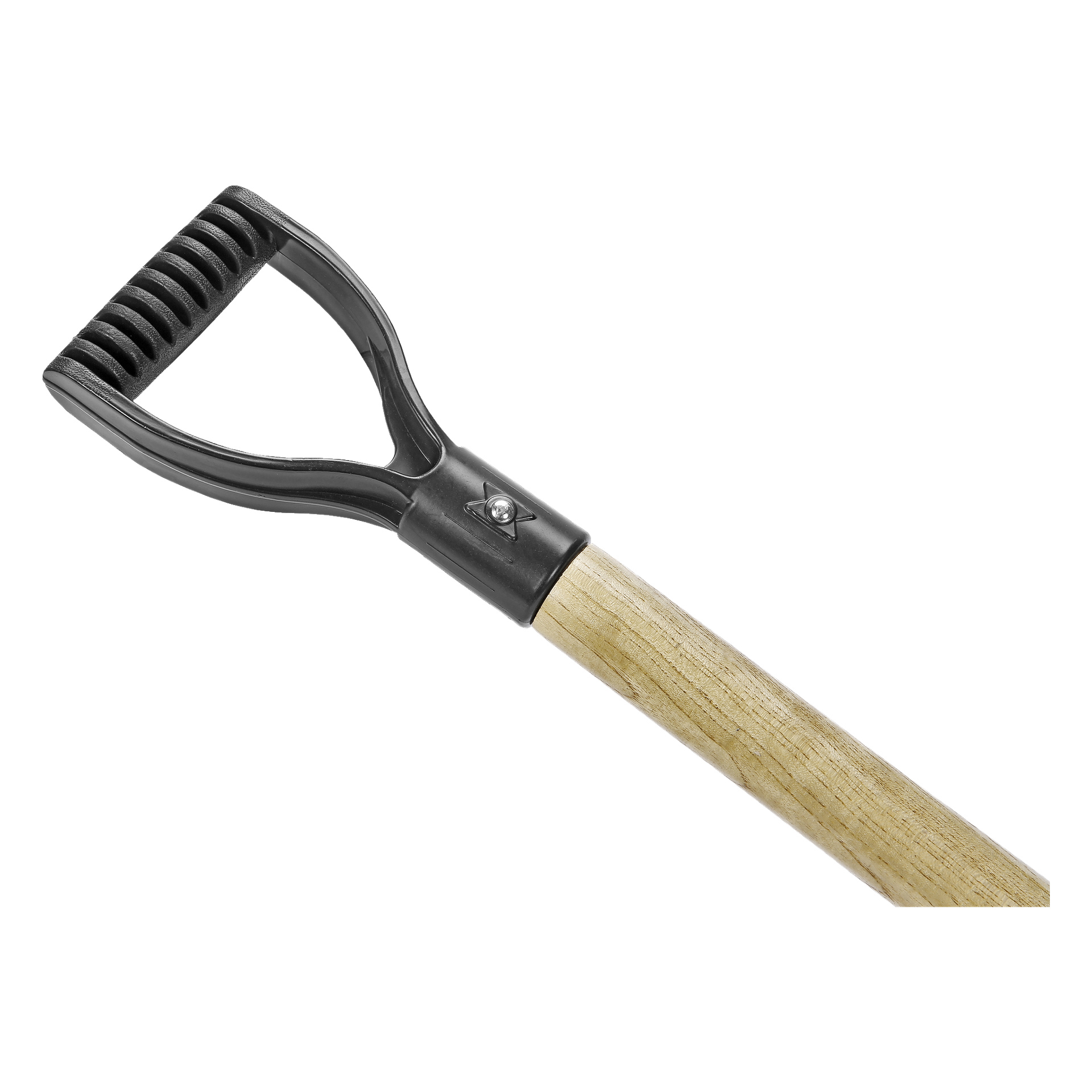 Närbild av Hard Head Pointed Spade-handtaget med ett blekt träskaft och ett svart plastgrepp format som D.