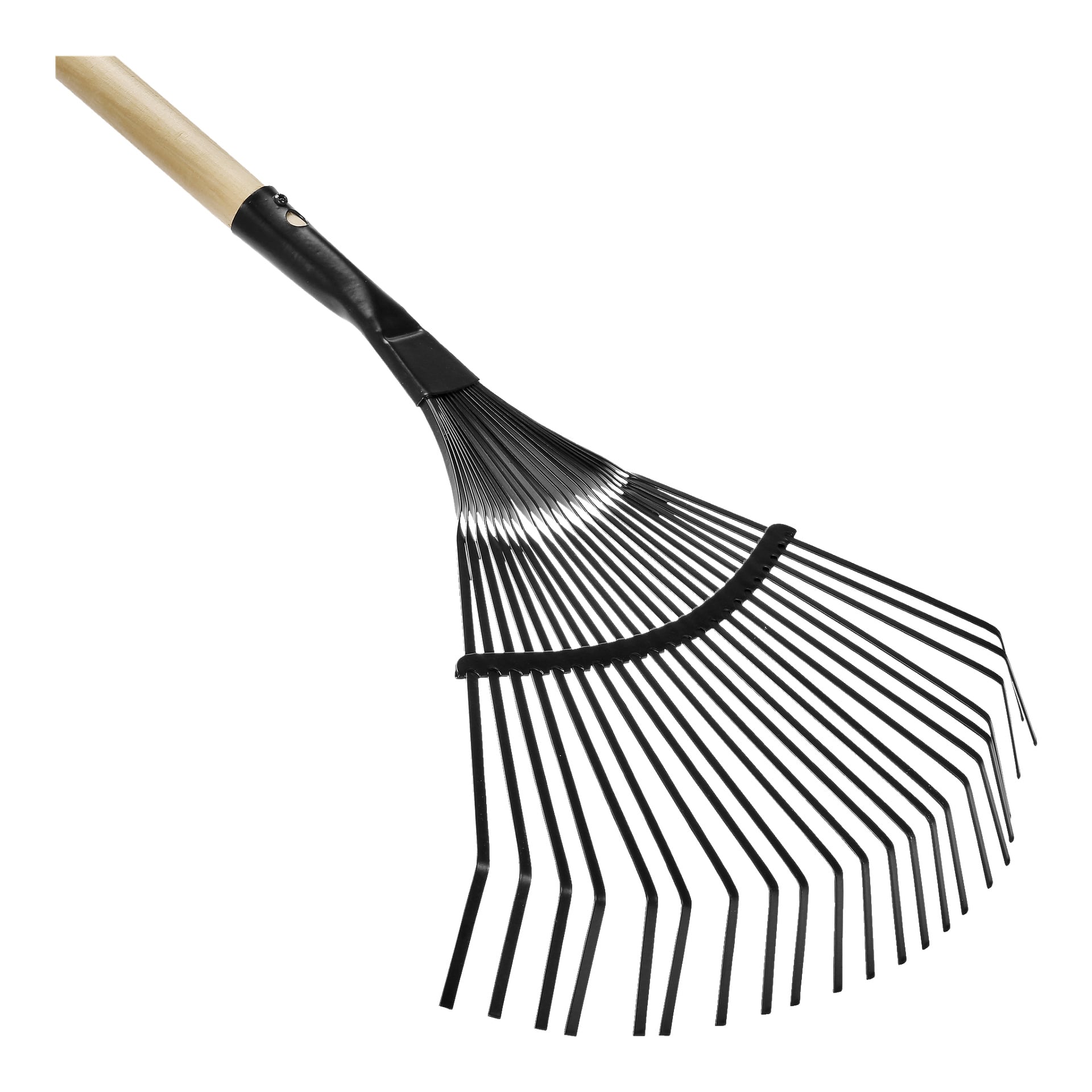 Lähikuva Hard Head Rakesta näyttää metallisen lehtiharavan, jossa on puinen kahva ja mustat, viuhkamaiset piikit.