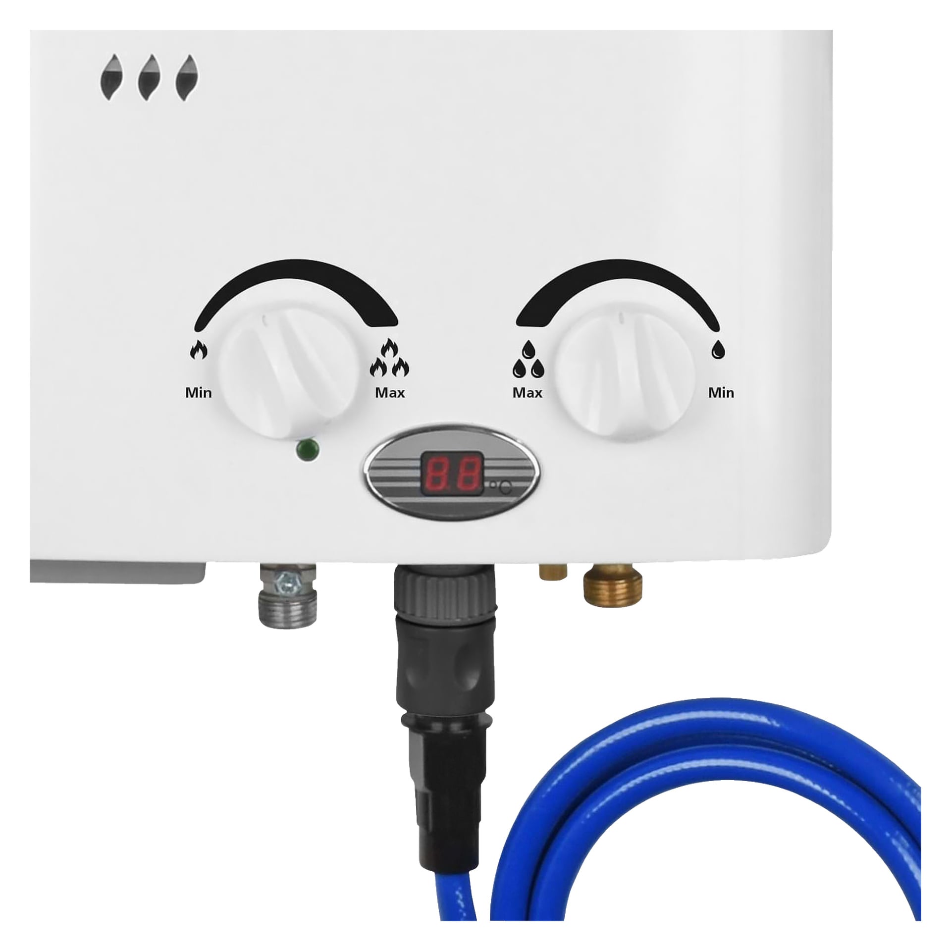 Detaljerad vy av Qlima Instant LPG:s varmvattenberedare PGWH1010 vita kontrollpanel, som visar två rattar märkta min och max, en digital skärm som visar 88 och en blå slang fäst längst ner bredvid flera metallkontakter.