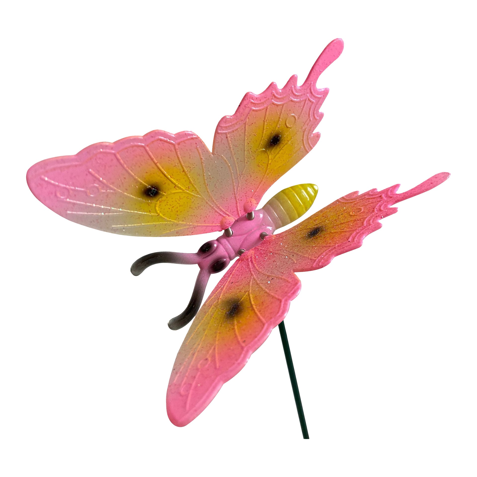 En närbild av Hard Head Garden-dekorationen visar en fjäril med färggradient i rosa och gula vingar, accentuerade av svarta fläckar och en grön kropp, fäst vid en smal grön tråd.