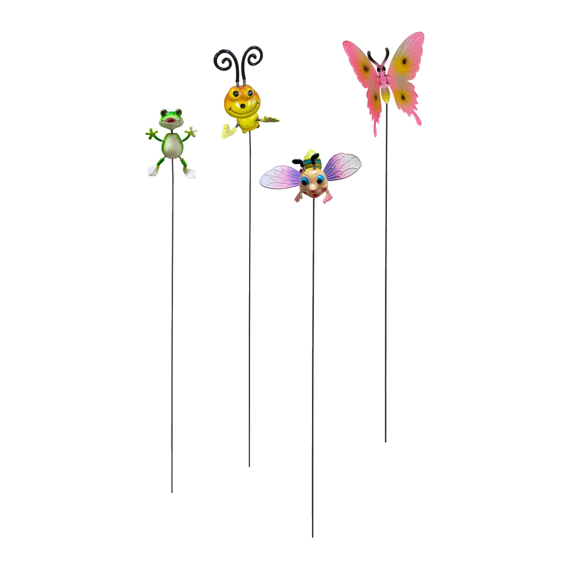 Hard Head Garden Decoration-setet inkluderar fyra trädgårdspålar toppade med lekfulla figurer: en groda, ett gult bi med antenner, en rosa och gul fjäril samt en bevingad insekt med antenner. Varje figur är fäst ovanpå en smal metallstav.