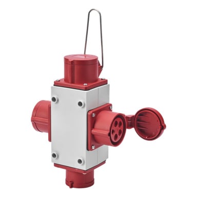 Anslut Multiple Outlet Sockets -yksikkö näyttää punavalkoiselta teolliselta, varustettuna useilla pyöreillä pistorasiat, avoimella pistorasian suojuksella ja tukevalla metallikahvalla yläosassa.