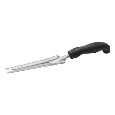 En hård huvud-ogräsgrässpade med svart handtag och ett tandat blad med spetsig spets, samt mätmarkeringar längs metallen, avsedd för grävning, klippning och plantering.