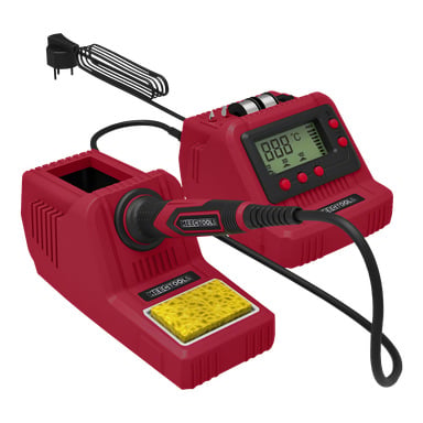 Ett rött Meec Tools lödstationskit med digital display, kontrollknappar, lödkolv med hållare, rengöringssvamp och strömkabel. Meec Tools-logotypen finns på båda huvudkomponenterna.
