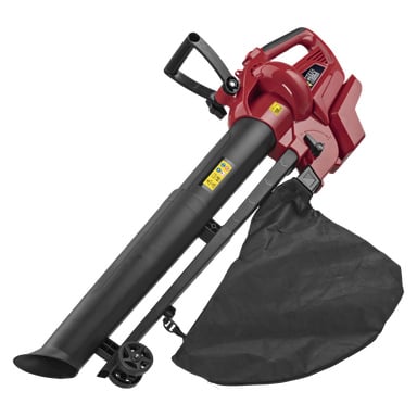 En röd och svart Meec Tools Multiseries 40 V lövblåsare och dammsugare med en rymlig svart uppsamlingspåse och två små hjul vid munstycket.