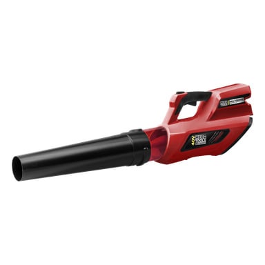 En röd och svart sladdlös lövblåsare från Meec Tools Multiseries 40 V-serien, utrustad med munstycke, handtag och avtryckare. Varumärket finns på enheten.