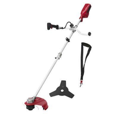 En röd och silverfärgad Meec Tools Multiseries 40 V sladdlös borstskärare med svart styre, avtagbar axelrem och ett separat trebladigt skärtillbehör.