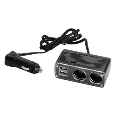Eine schwarze Hamron-Steckdosenleiste mit zwei DC-12V/24V-Buchsen, einem USB-Anschluss und einem Kabel, das in einem Stecker endet, das mit der Zigarettenanzünderbuchse eines Fahrzeugs kompatibel ist.
