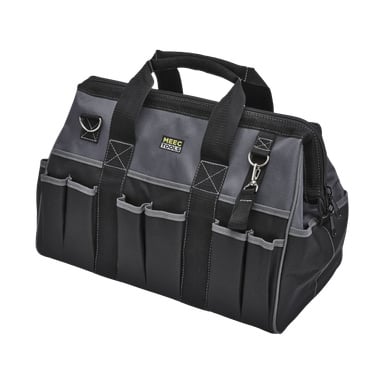 Musta ja harmaa Meec Tools -työkalulaukku vetoketjulla, esittelee 25 lokeroa, useita ulkotaskuja, tukevat mustat kahvat ja Meec Tools -logo etupuolella. Laukku näkyy tyhjänä.
